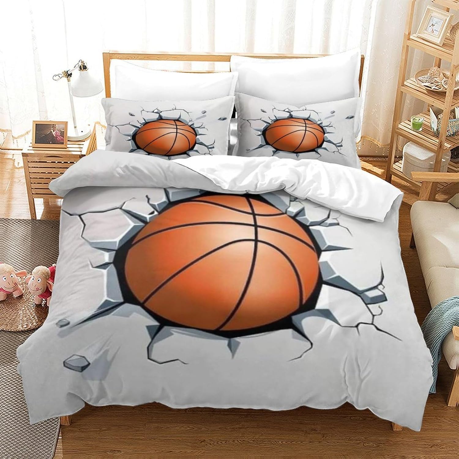 Ropa De Cama 90X190 Cm Baloncesto 3D Colcha Cama, Premium Poliéster Microfibra Conjuntos De Ropa De Cama con Cremallera Oculta, para Niños Muchachos -Dormir Confort -67663220490458