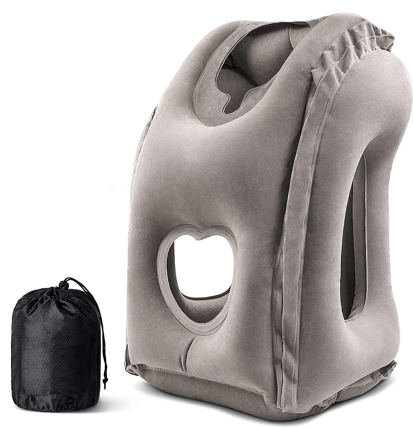 VIRIX Polyvinyl Chloride Inflatable Trave Face Rest Comfort Pillow, Airplane Neck Pillow Comfortably Supports Head and Chin for Airplanes, Trains, Cars and Office Napping (Grey)-image-3