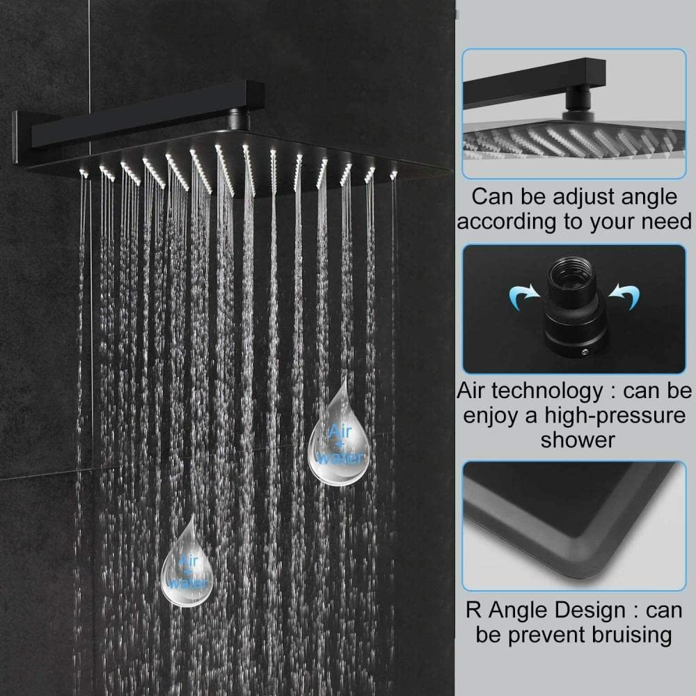 Huin Juego de ducha de lluvia juego de grifo mezclador negro de 12 pulgadas llenador y válvula de bañera