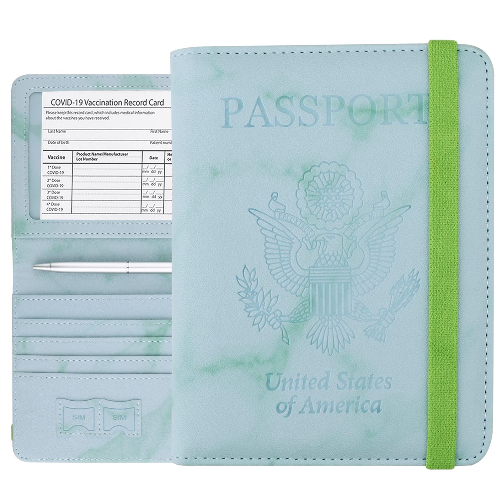 WALNEW Passport Holder Wallet, RFID Blocking Passport Cover Case PU leather Card Holder with Pen and Clear Card Slot for Women Men, Marble Green