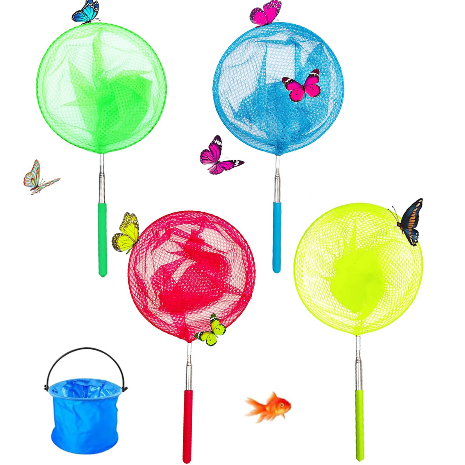 4 Pack Telescopic Butterfly Net Fishing Net Pond Net Extendable (14.5 to 33.2 Inches)+1 Pack Folding Bucket Catching Insects Children Fishing Net for Ponds Pool – Fish & Crab Catching Net for Beach