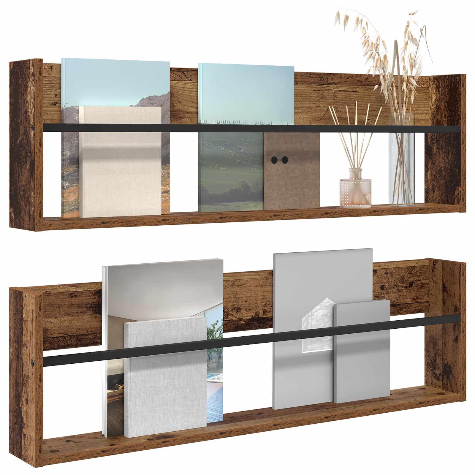 Wandmontiertes Regalbrett 2 Stück Magazinregal Altholz 100 x 12 x 30 cm Holzwerkstoff für Zeitschriften und Büroorganisation