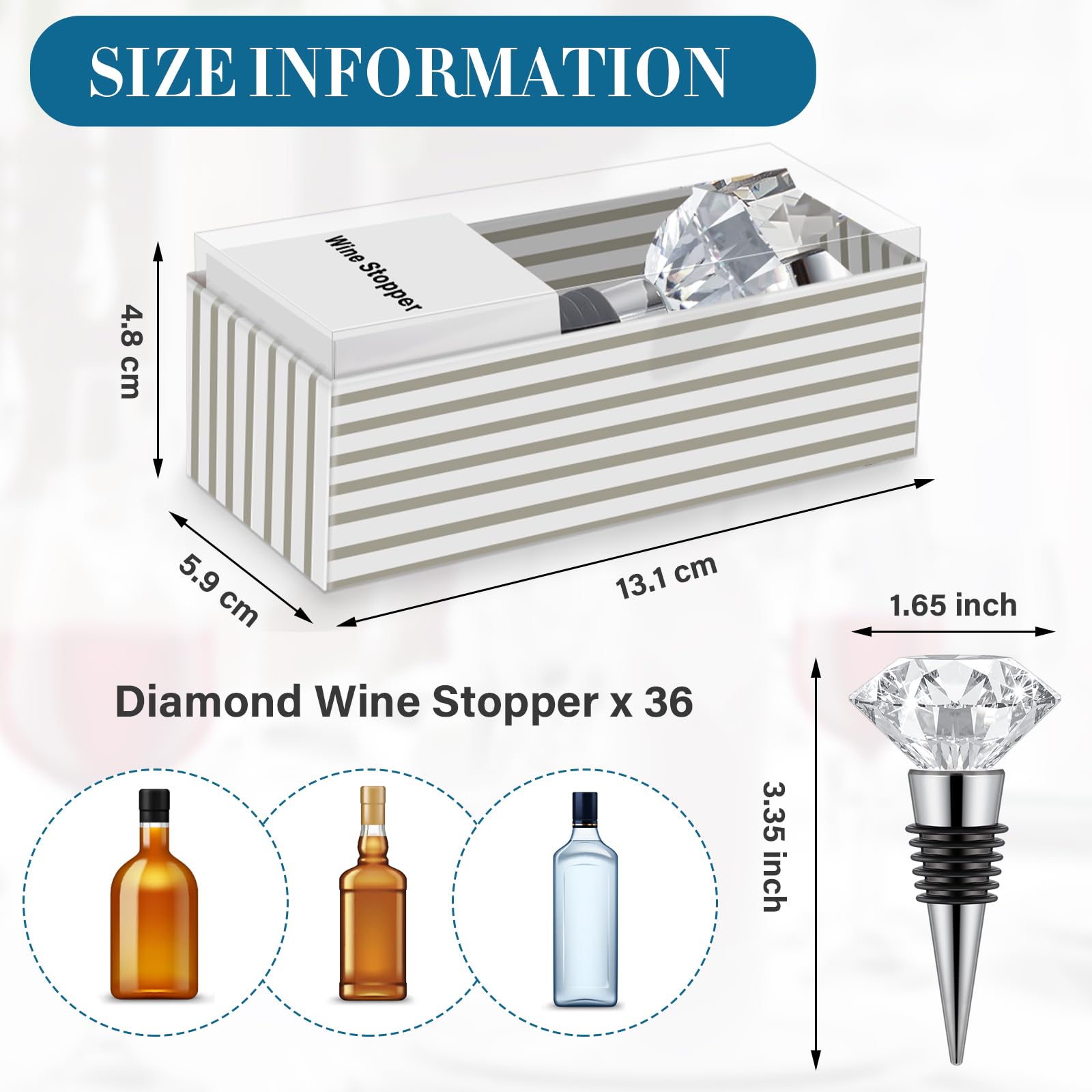 Tapón de botella de vino de cristal, tapones de vino reutilizables, tapón de diamante, tapones decorativos de vino, kits de tapón decorativo con caja de regalo individual para fiestas y bodas (36