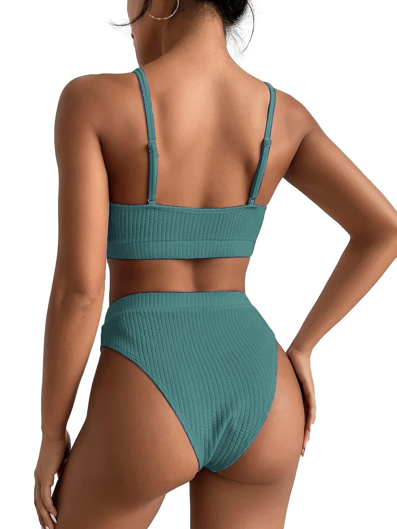 Lilosy Maillot de bain brésilien taille haute avec effet gainant et haut court côtelé 2 pièces, turquoise, Taille L