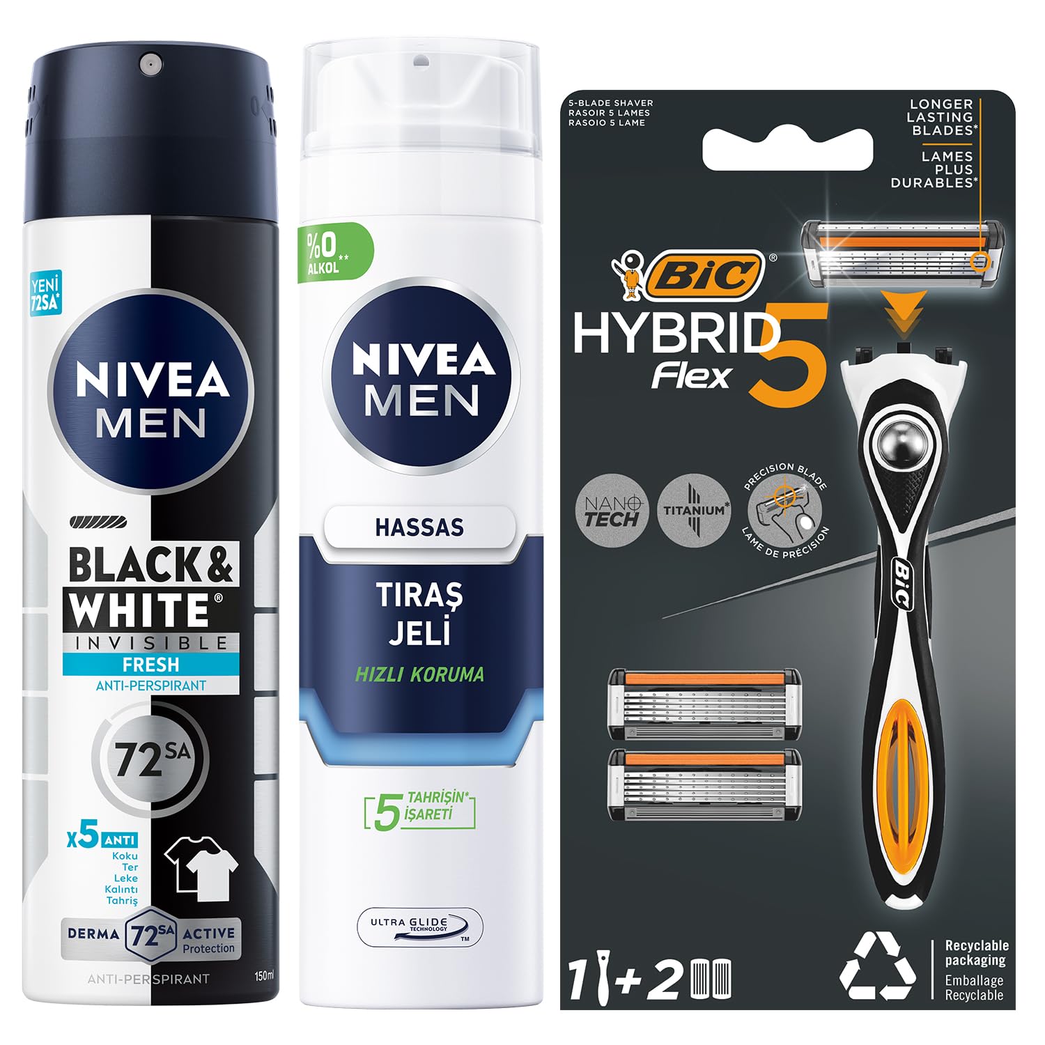 NIVEA MEN Erkek Sprey Deodorant Black&White Invisible Fresh 150 ml + Tıraş Jeli 200 ml + BIC Hybrid 5 Flex Erkek Tıraş Bıçağı 1 Sap ve 2 Yedek Başlık (5 Bıçak)