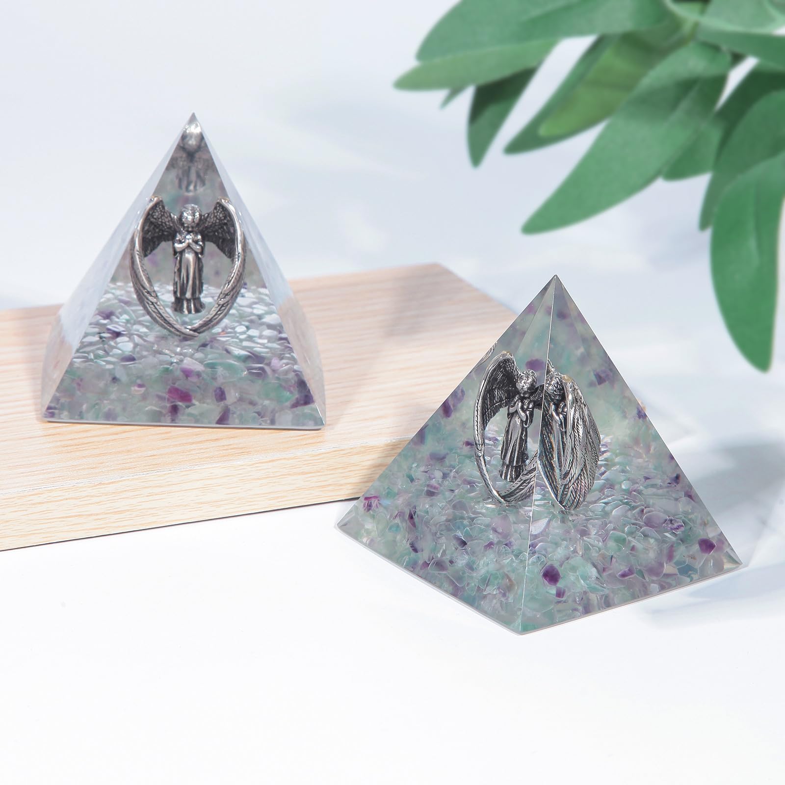Nupuyai Angel Fluorite Crystal Pyramid Spiritual Ornament, Reiki Healing Stone Quartz Point Energy Feng Shui Pyramid Home Office Decor - Image 4