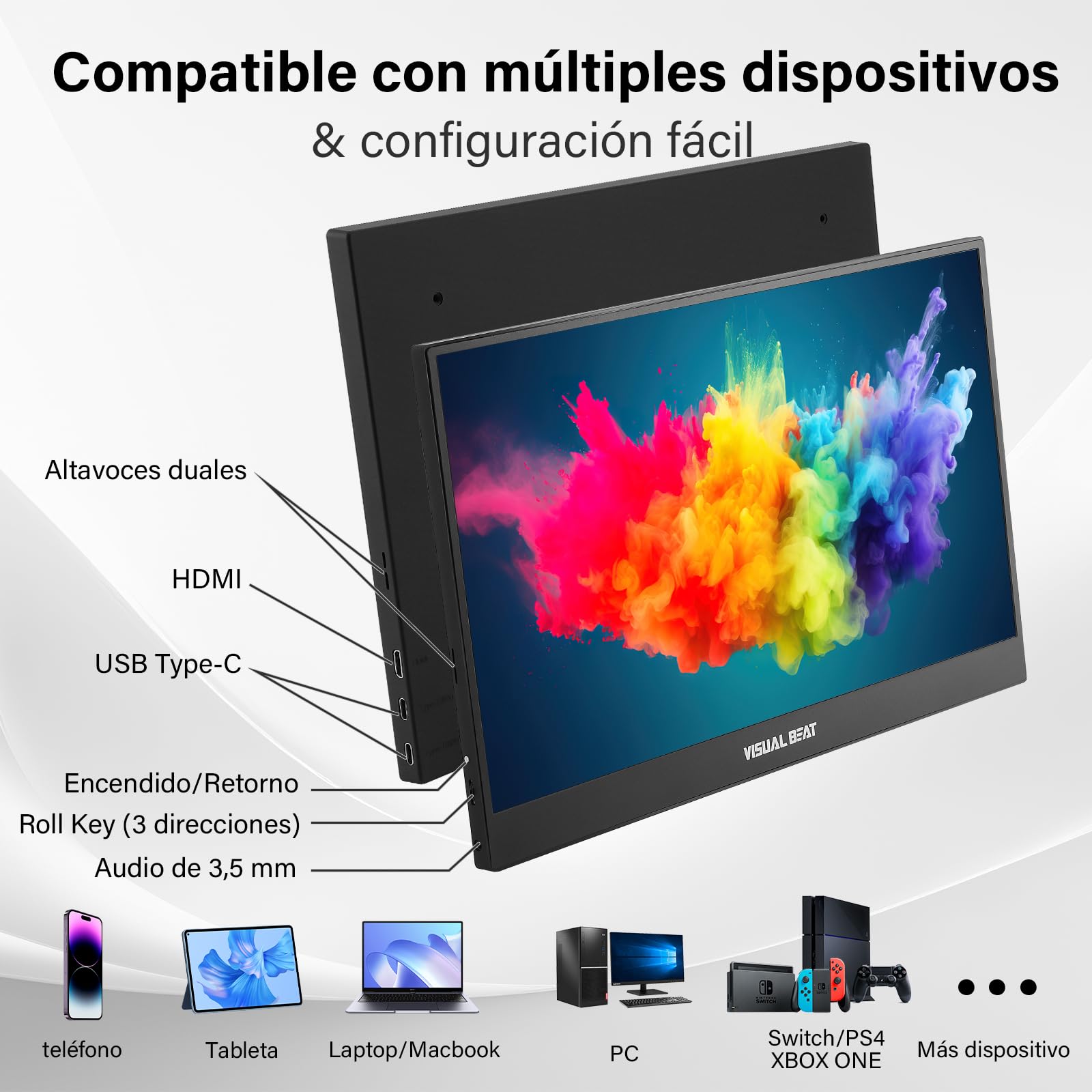 Visual Beat Monitor Portátil 15,6" Full HD 1080P, IPS 100% sRGB, USB-C y HDMI, Funda Soporte, VESA, para Portátil, PC, Mac, PS5, Xbox y Switch