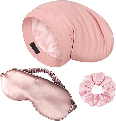 Juego de máscara de seda para dormir y gorro de seda para dormir, máscara de ojos de seda rosa y coletero de seda