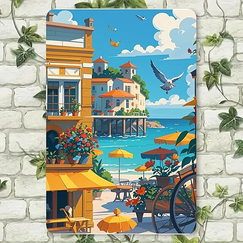 Miniatura 4 de Letrero de metal vintage de la ciudad costera  Pintura al óleo Seaside Serenity  Arte de pared de estaño rústico de 12 x 8 pulgadas, letrero