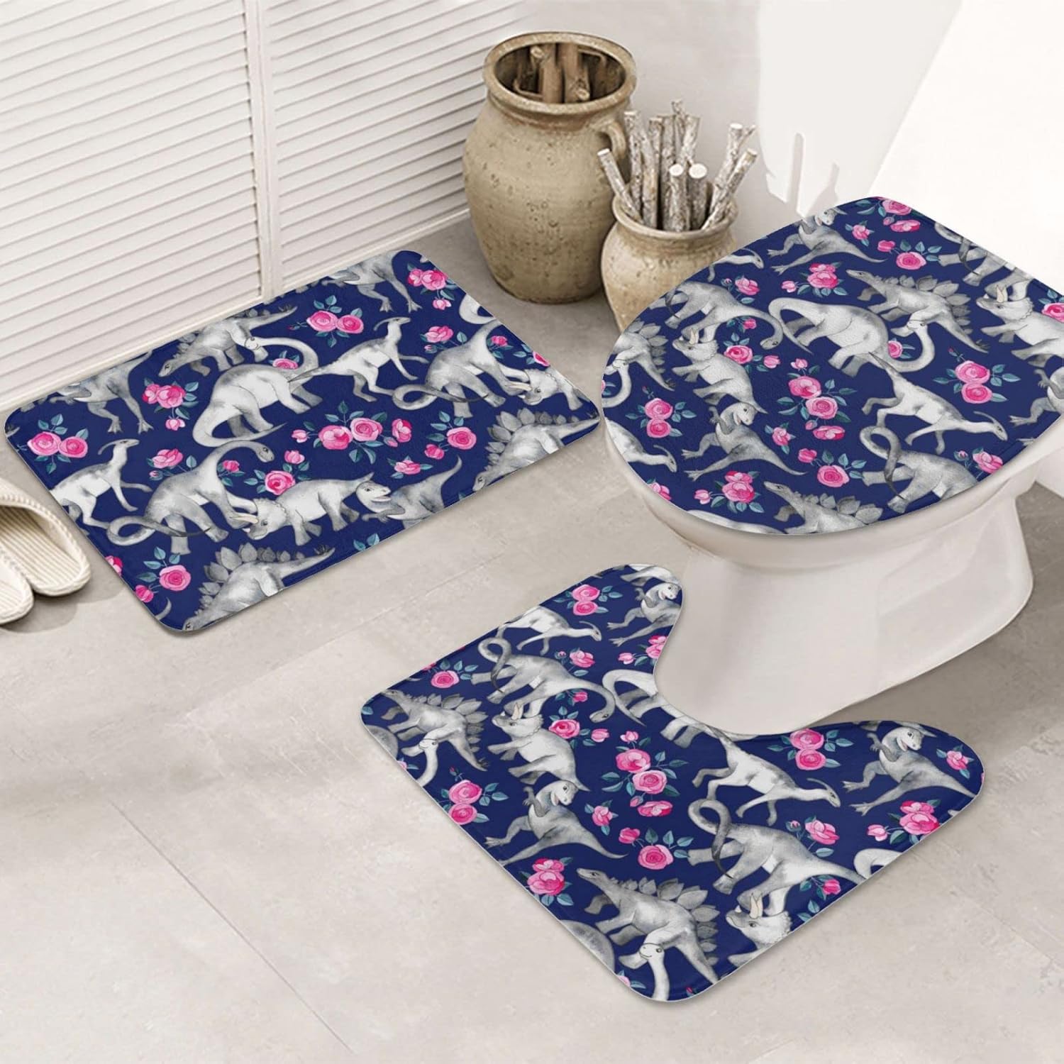 Dinosaur and Roses Printed 3 Piece Bathroom Rug Set Flannel NonSlip