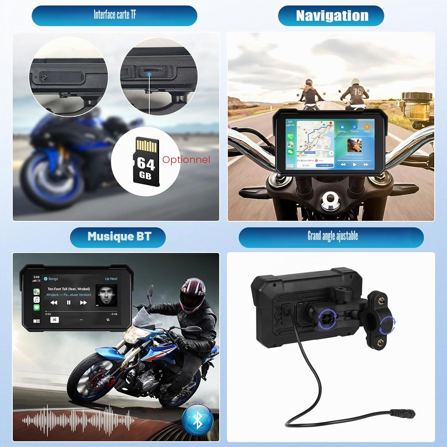 Écran GPS CarPlay pour Moto avec CarPlay sans Fil et Android Auto, écran Tactile Portable et étanche de 5 Pouces, Compatible Bluetooth et système de Surveillance de la Pression des pneus