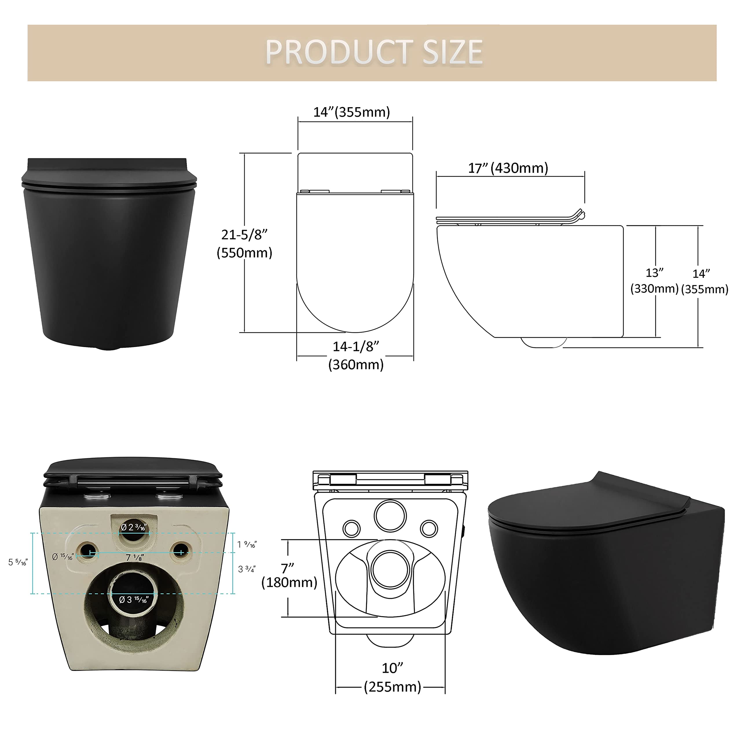 MEJE Wc autoportante con rivestimento nano senza telaio Wc sospeso in ceramica nera
