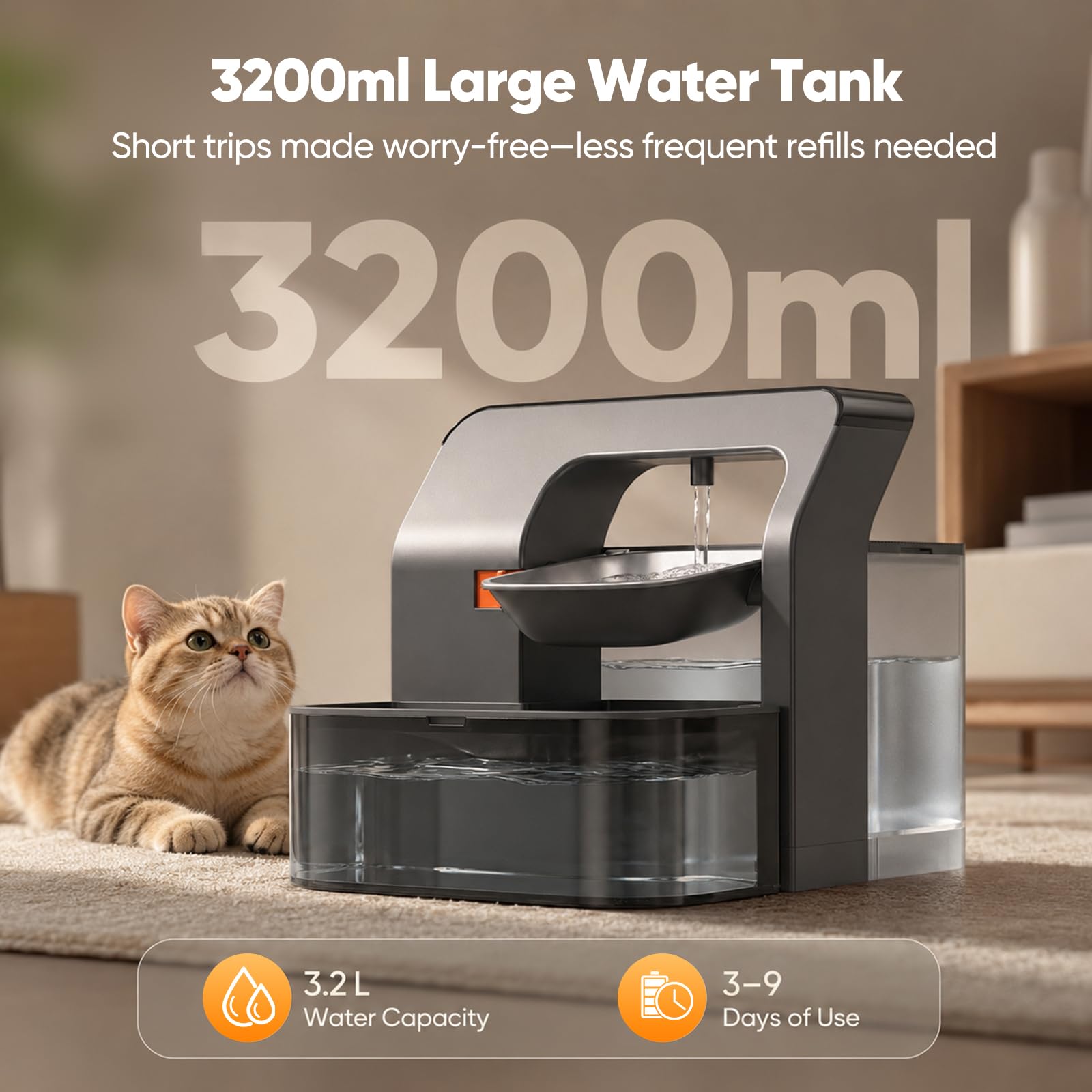 Fontana per gatti senza fili con vassoio girevole programmato, serbatoio dell'acqua da 3,2 l, batteria da 180 giorni, separazione di freschezza e acque reflue, fontana per gatto con batteria da 2200