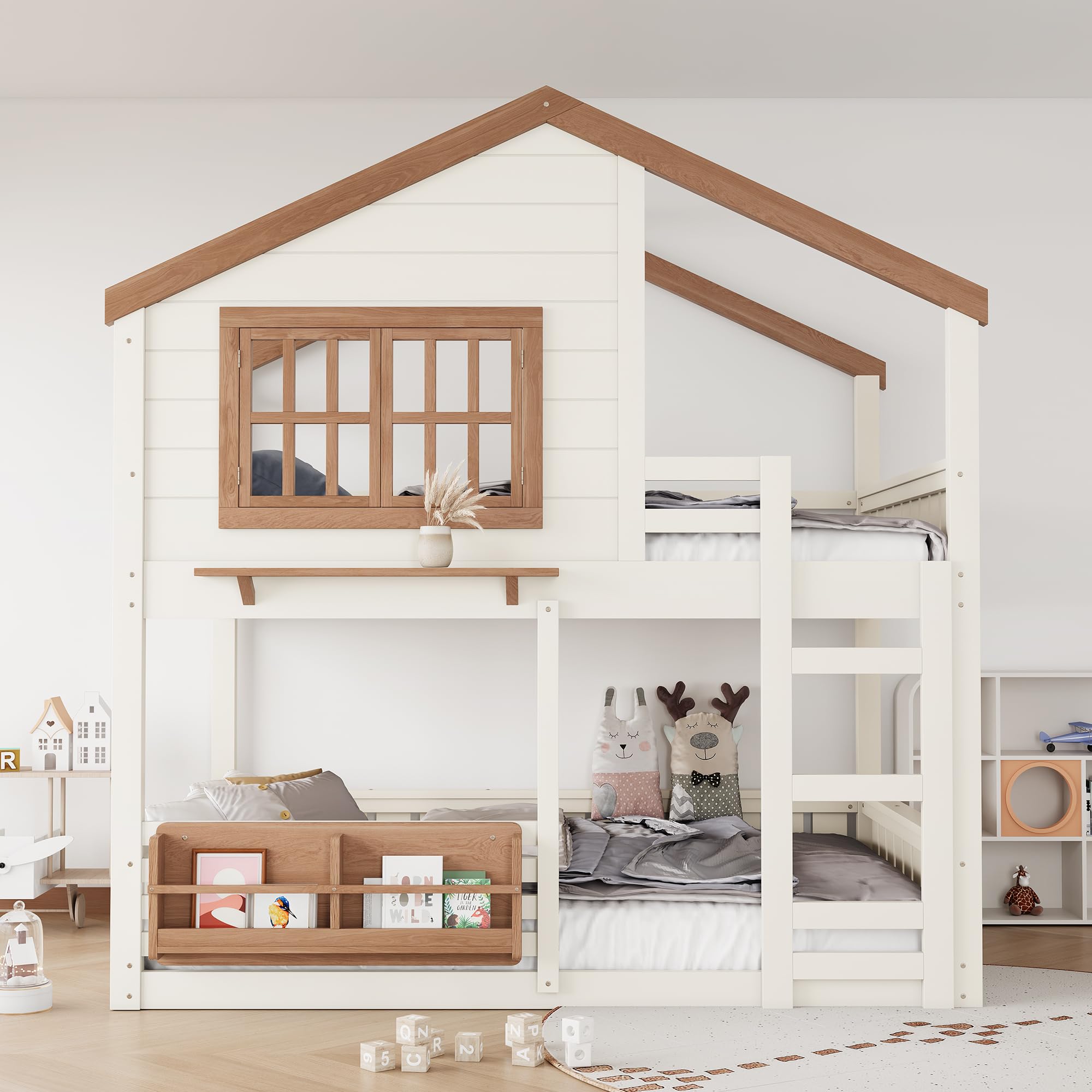 House Bunk Bed with Bookshelf - Full Loft Bed with Safety Rails, Play Area &amp; Storage - Sturdy Wooden Cabin-Style Bed for Boys &amp; Girls (Beige+Natural2)