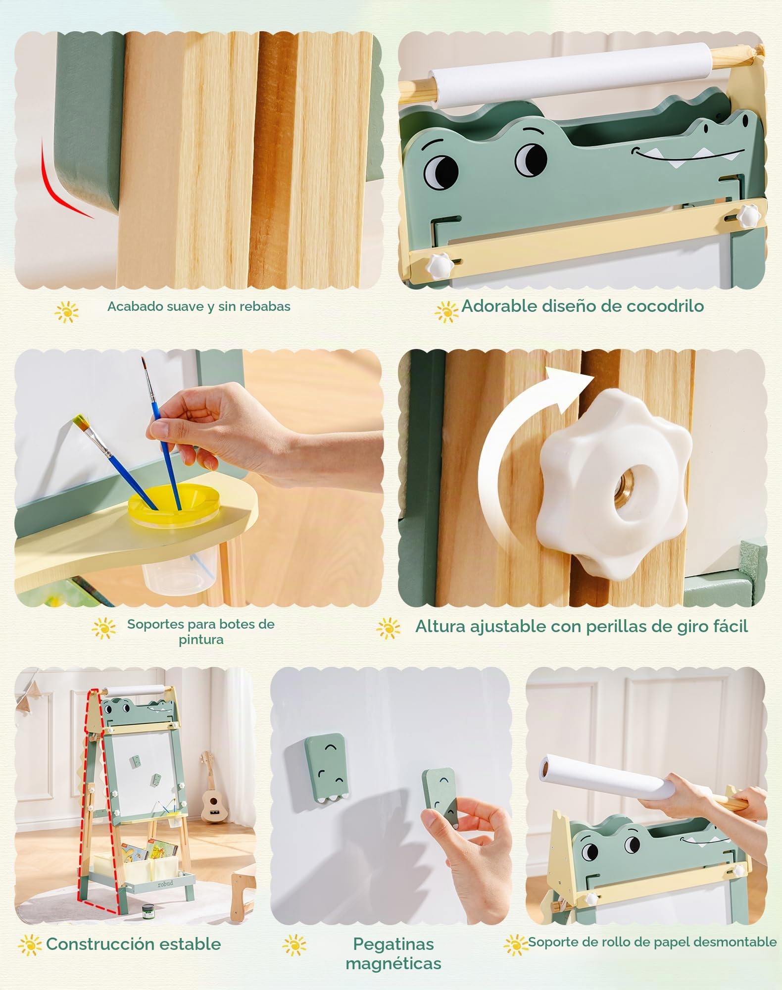 ROBUD Caballete de madera para niños, pizarra blanca de doble cara y pizarra con rollo de papel, tablero de dibujo ajustable en altura con imanes, macetas de pintura, bandeja de almacenamiento, diseño