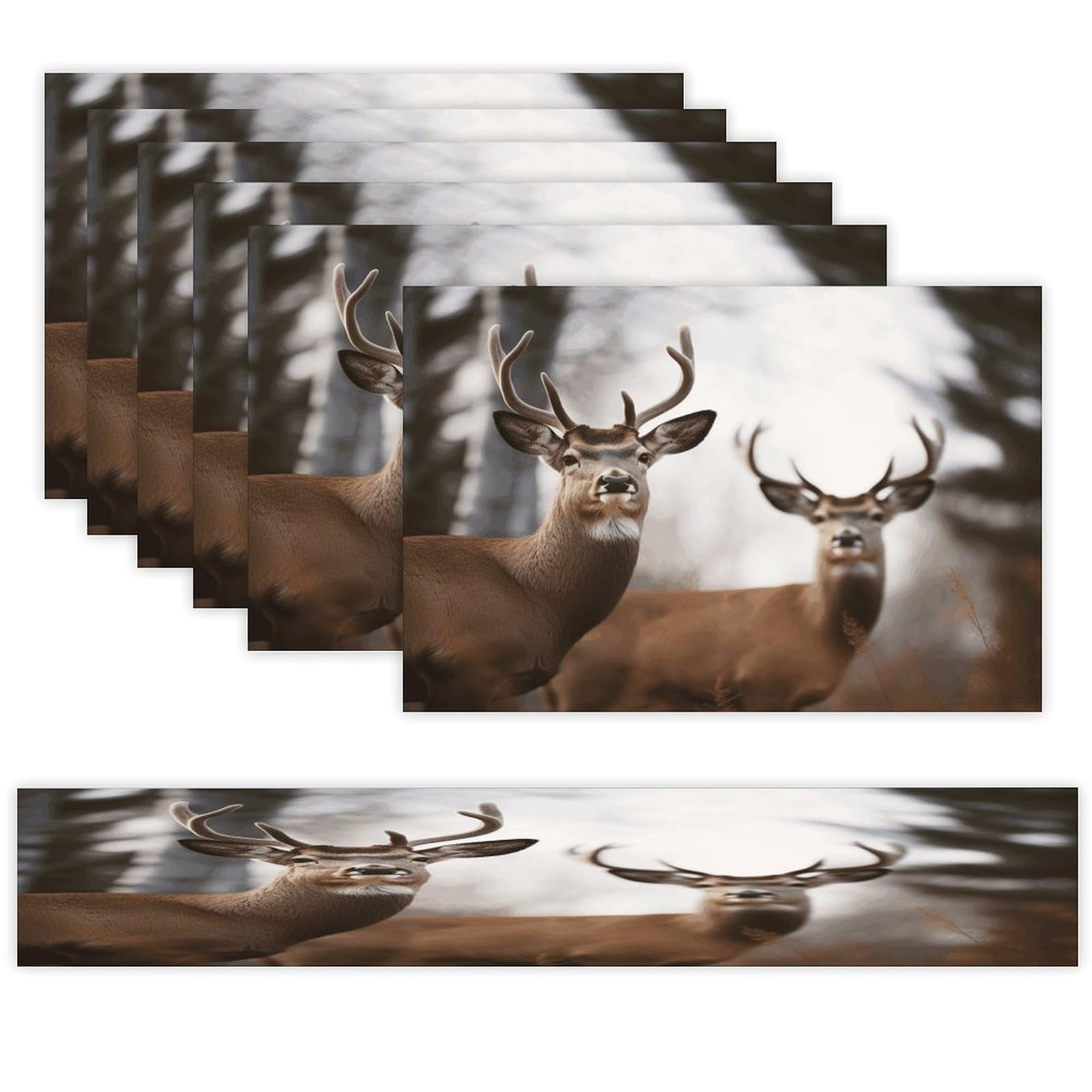 Deer Table Runner and Placemats Set of 6 Heat Resistant Table Runner Place Mats Modern Cloth Table Mat Washable Linen Placemat Festive Reusable Set