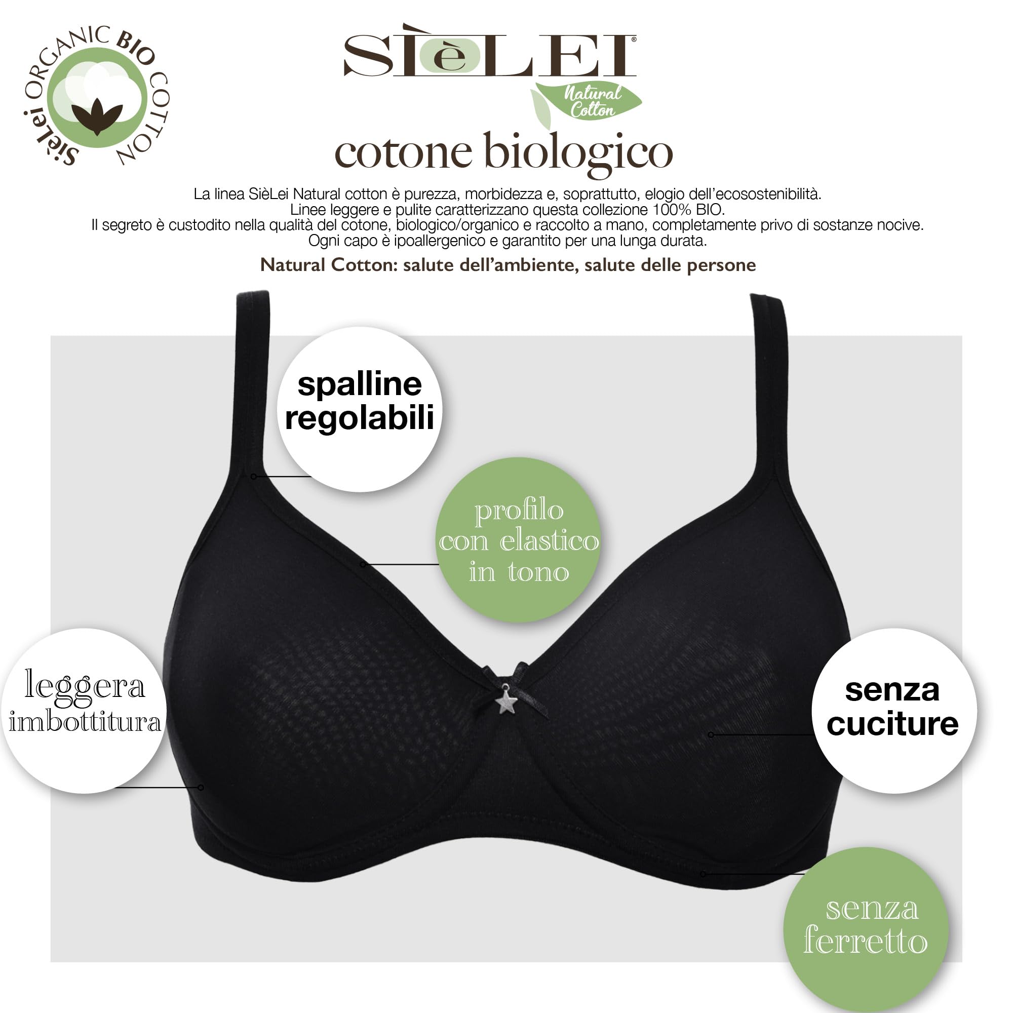 SÌèLEI, Reggiseno Semi-Imbottito Senza Ferretto, Realizzato in Cotone Biologico, 100% Naturale, Designed in Italy