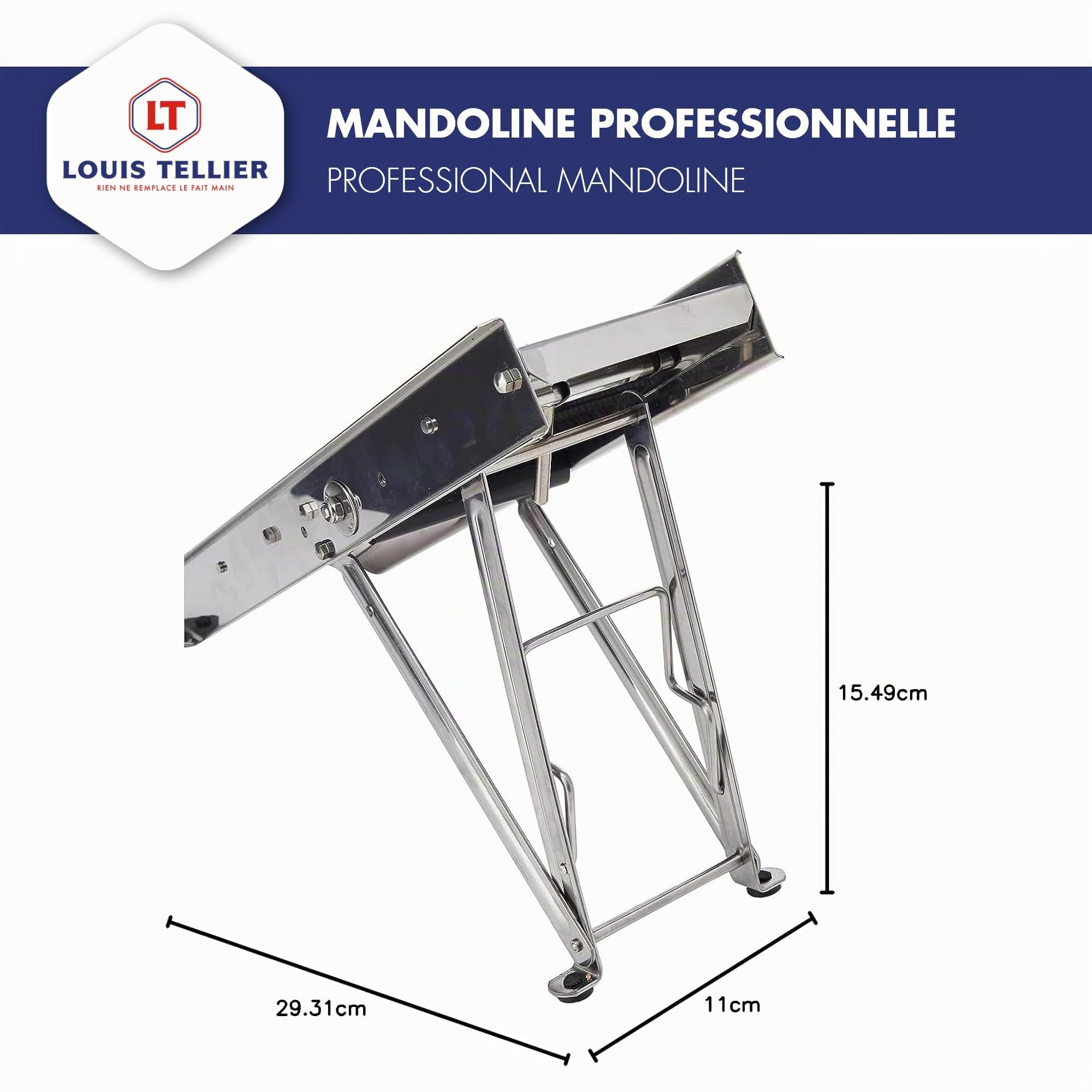 Louis Tellier - Mandoline inox professionnelle légumes - 3 & 10 mm | Fabriquée en France ; 2 peignes 3-10mm, frites et juliennes ; lame lisse/gaufrée réglable, appui table, lave-vaisselle
