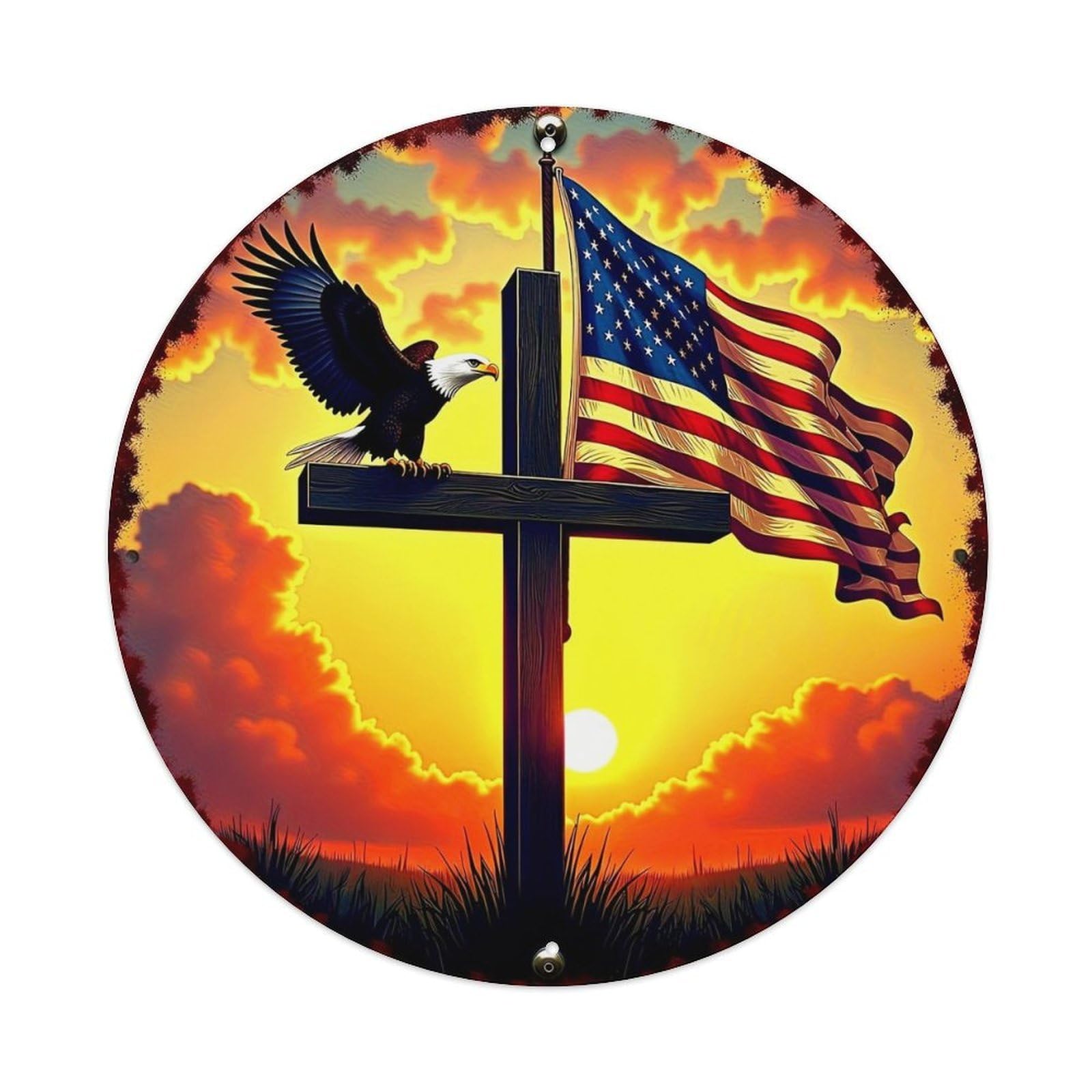 Eagle On Cross With Flag Tin Sign Metal Poster Vintage Metal Signs for Home Man Cave Bar Cafe Kitchen laundry room Wall Decorations 8x8 inches