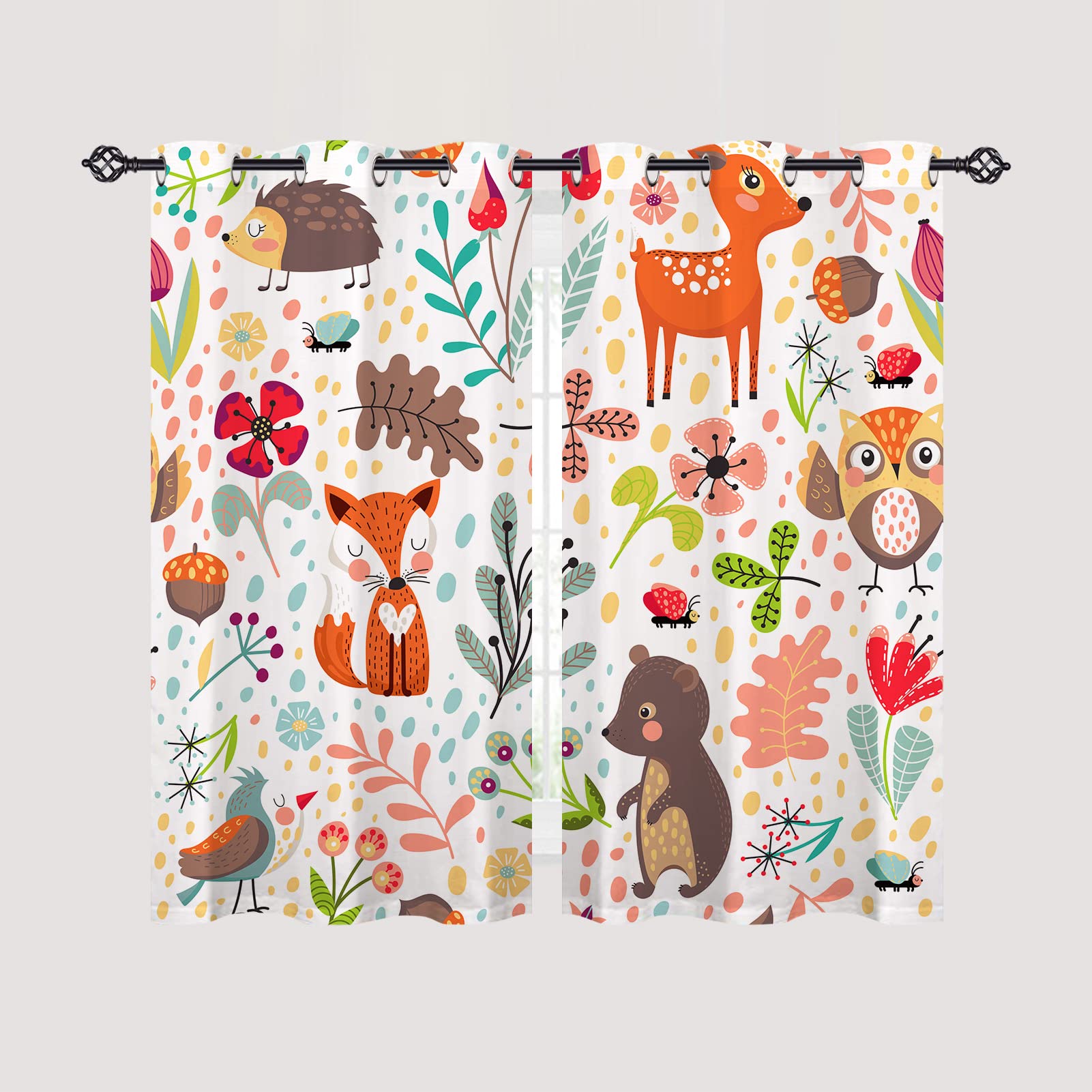 ANHOPE Woodland Animal Curtains Grommet Blackout Room Darkening Curtains with Safari Bear Fox Owl Print Pattern Light Blocking Window Drapes for Kids Baby Bedroom Living Room 2 Panels 29.5 x 63 Inch