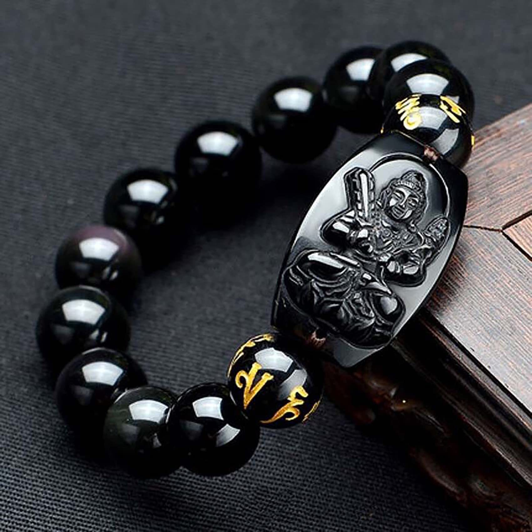 WZGWDC Bracciale Feng Shui, Bracciale Bracciale con ciondoli Naturale Portafortuna Otto Santi Patroni Ciondolo per Mantra a Sei Caratteri Ossidiana Tathagata Buddha Amuleto Attrarre Denaro PRO