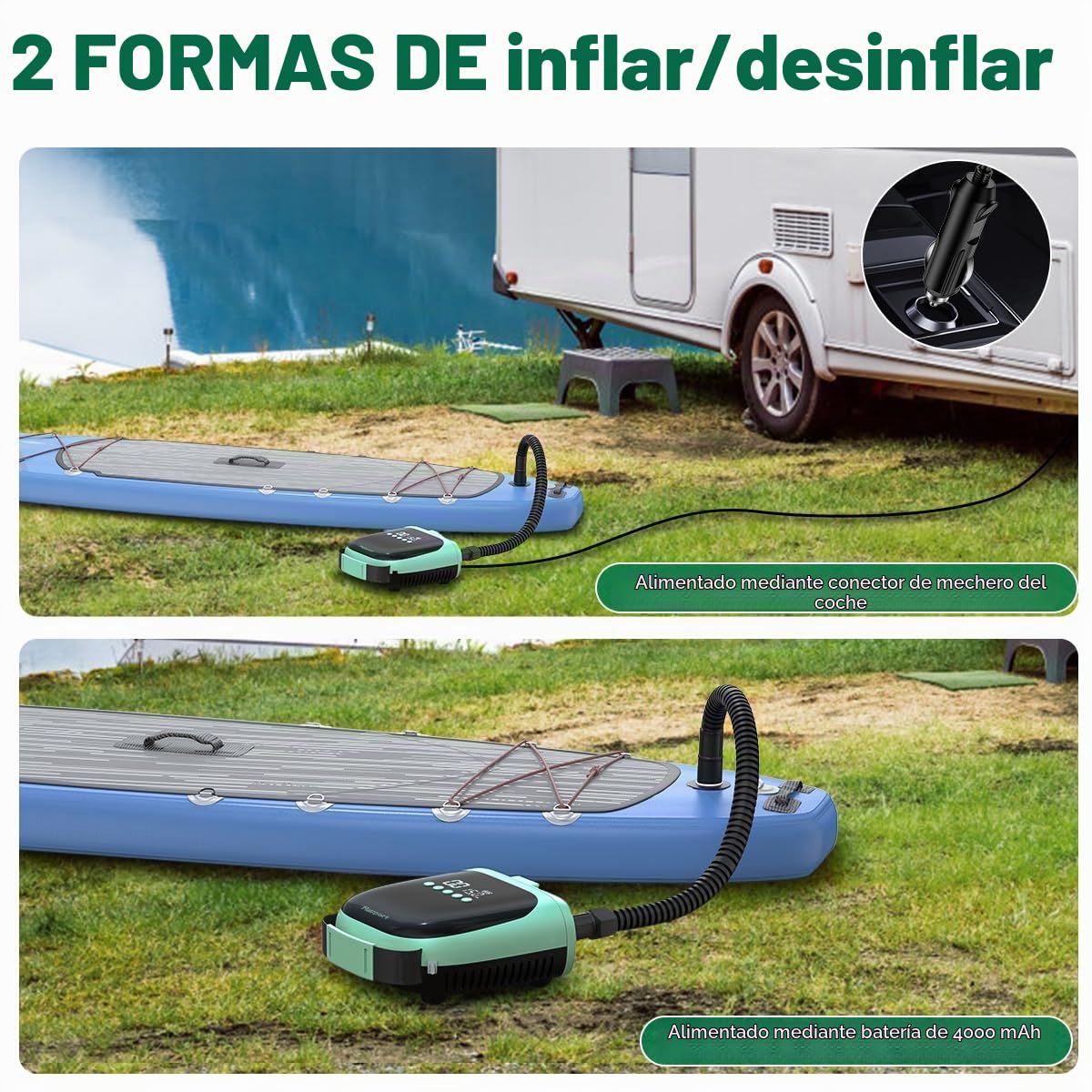 FBSPORT Inflador Electrico Paddle Surf Recargable 4000mAh Batería & 12V DC, 20PSI Bomba de Aire Eléctrica con Función de Apagado Automático y LCD Hinchador para Kayak Colchón de Aire Tienda y Barco