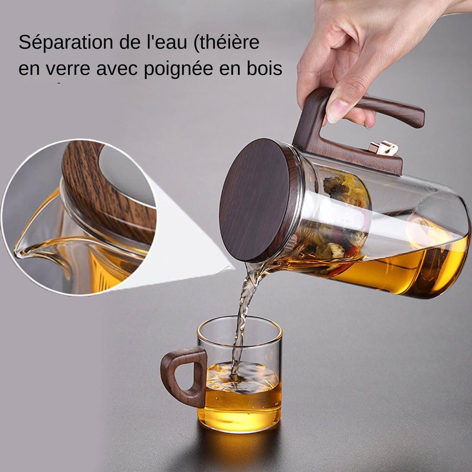 Teapot des Glaseinfüllers – Brewer aus transparentem, hitzebeständige | Wasserkocher-Karaffe, Laubfilter mit Holzgriff, Büro-Kaffee | Tee-Zubehör