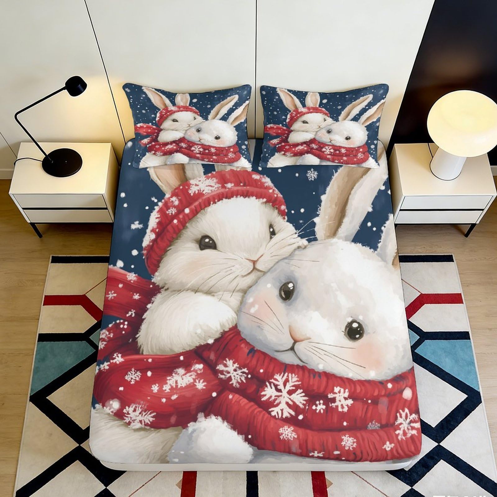 3D Printed Winter Rabbit Fitted Sheet Microfiber Soft Durable Snowflake Bed Cover for Bedroom Dormitory Guest Room Mattress Protection 140x200x25cm