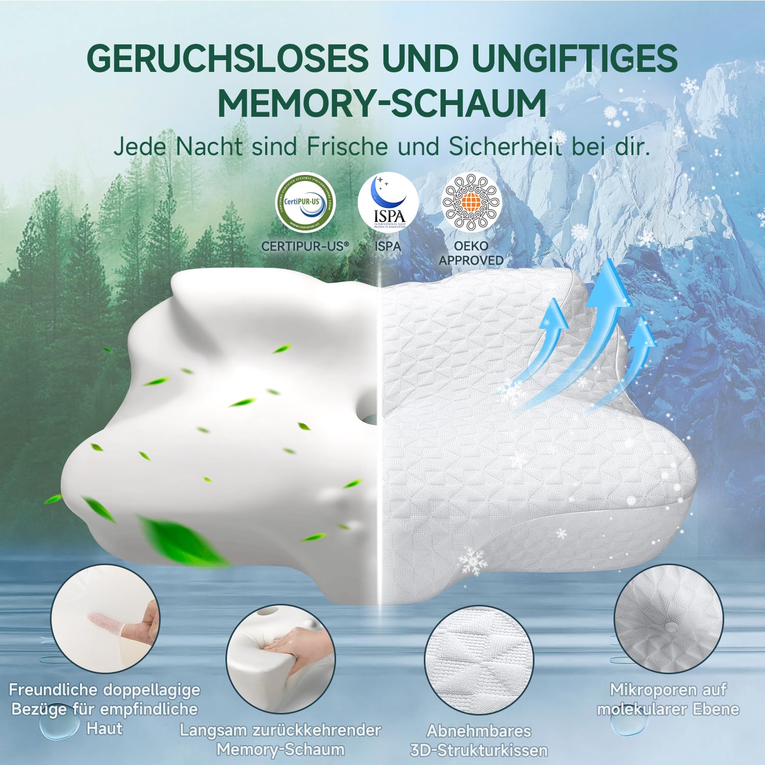 TESQ Ergonomisches Nackenkissen, 2-in-1 Memory Foam Kissen für Nacken, Kissen zum Schlafen auf der Seite und auf dem Rücken, 60 x 40 x 9/12 cm, Weiß