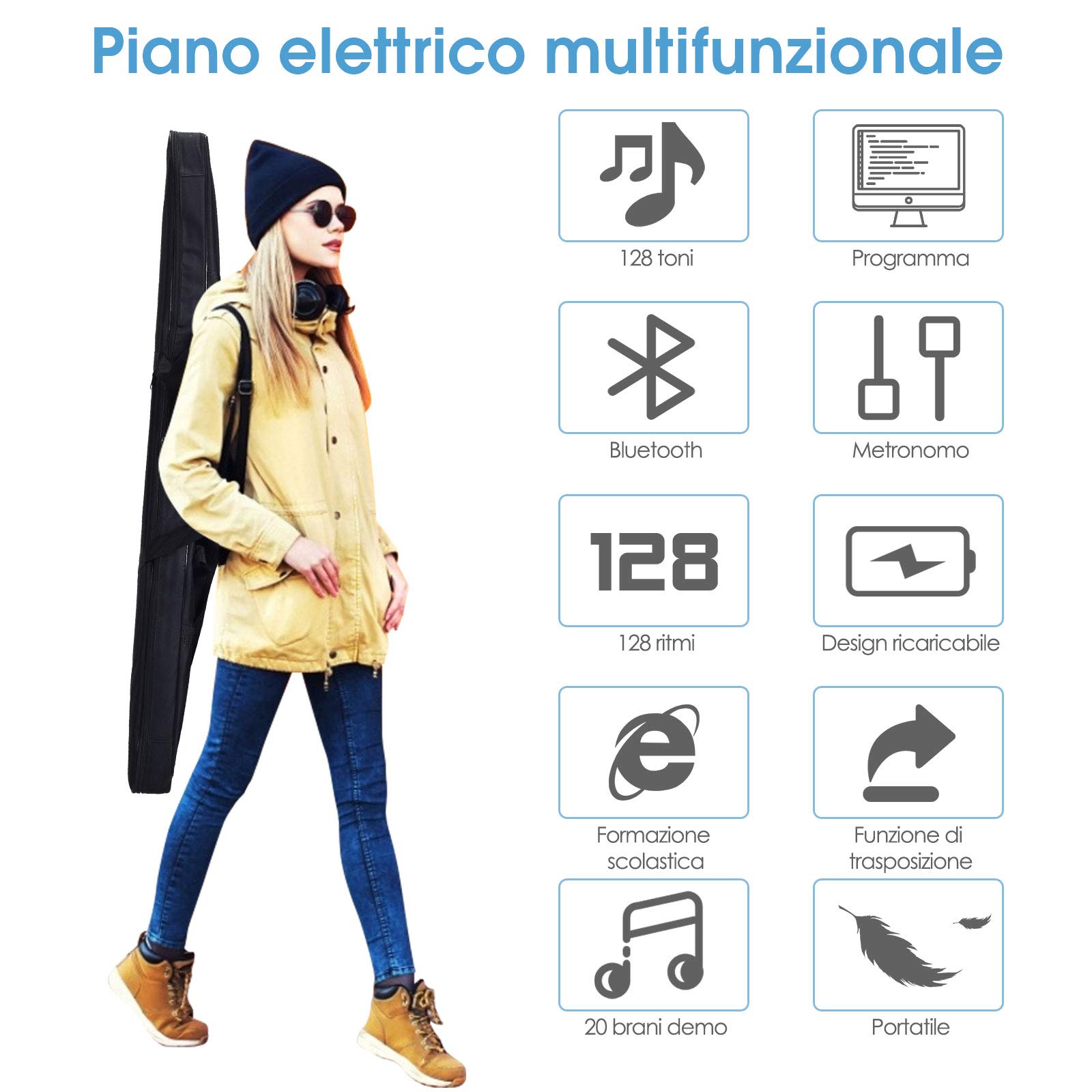 RELAX4LIFE Pianoforte Digitale Portatile con 88 Tasti Illuminati, Custodia, Leggio, Modalità di Insegnamento,MP3/USB/MIDI/Bluetooth (NERO)