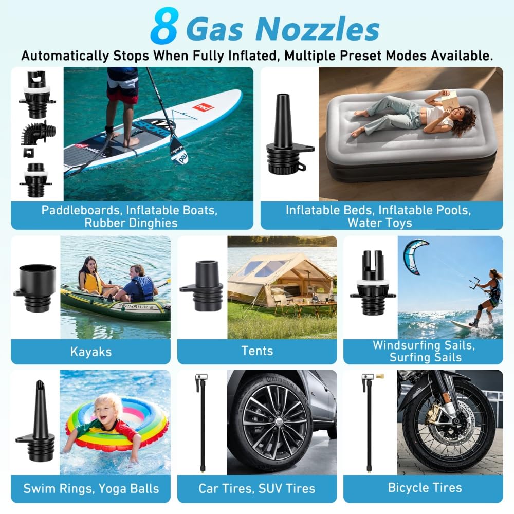 KinZon Pompa ad Aria Elettrica 60 PSI Alta Pressione per SUP, ricaricabile, compatibile con presa auto 12V, spegnimento automatico, gonfiaggio/sgonfiaggio, per paddle, kayak e pneumatici
