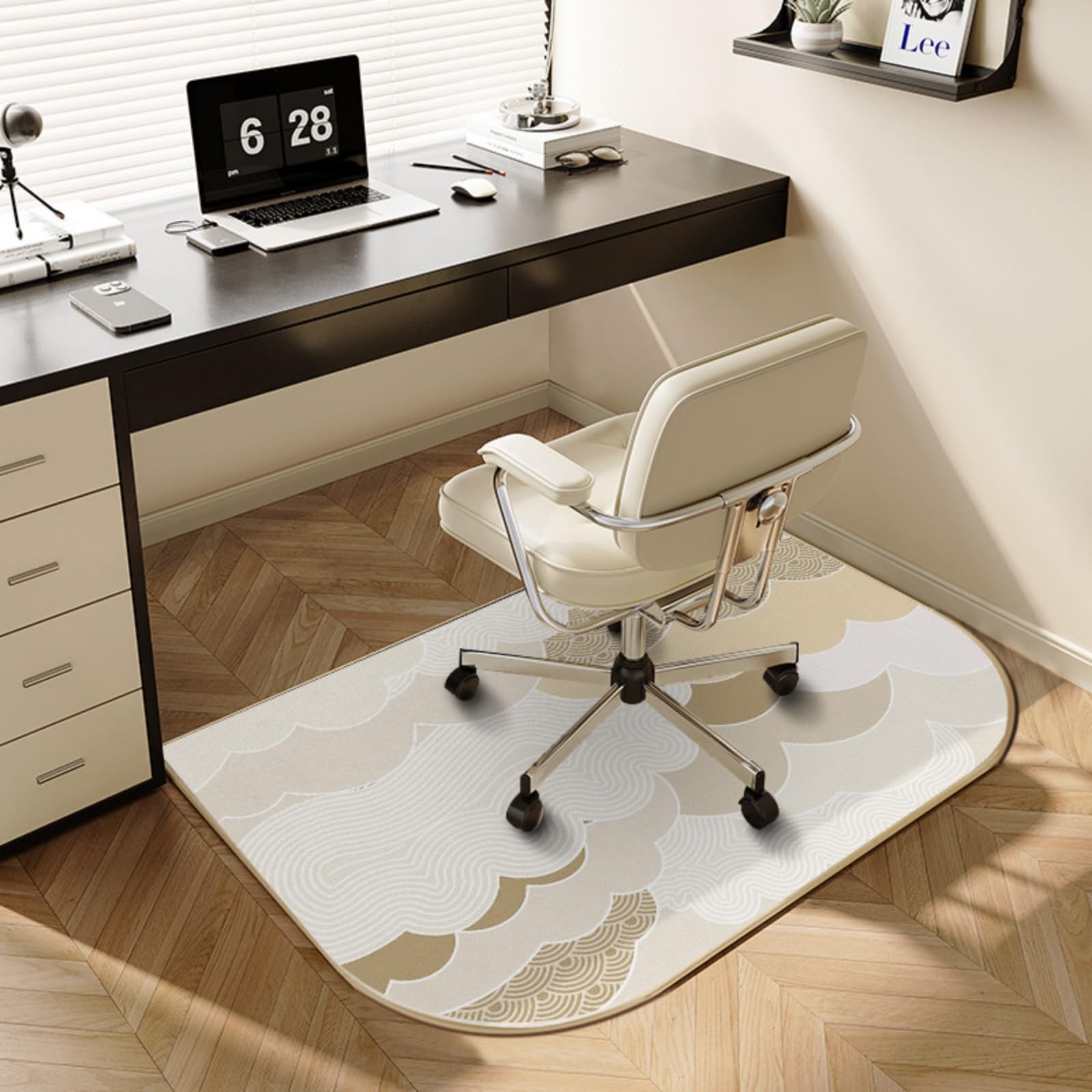 Quadratische Bürostuhlmatte, rutschfester Teppich- und Hartholzbodenschutz für Gaming und Büro, modernes geometrisches Design, Roll-Schreibtischunterlage (Weiß, 90 x 140 cm)