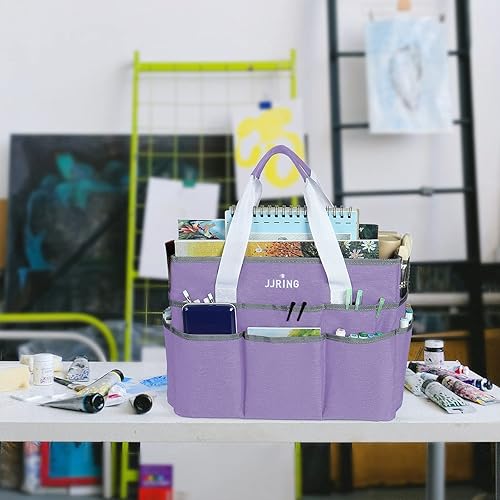 Miniatura 7 de JJRING Bolsa organizadora de manualidades, organizador grande de almacenamiento de arte con múltiples bolsillos, bolsa de costura lila para arte,