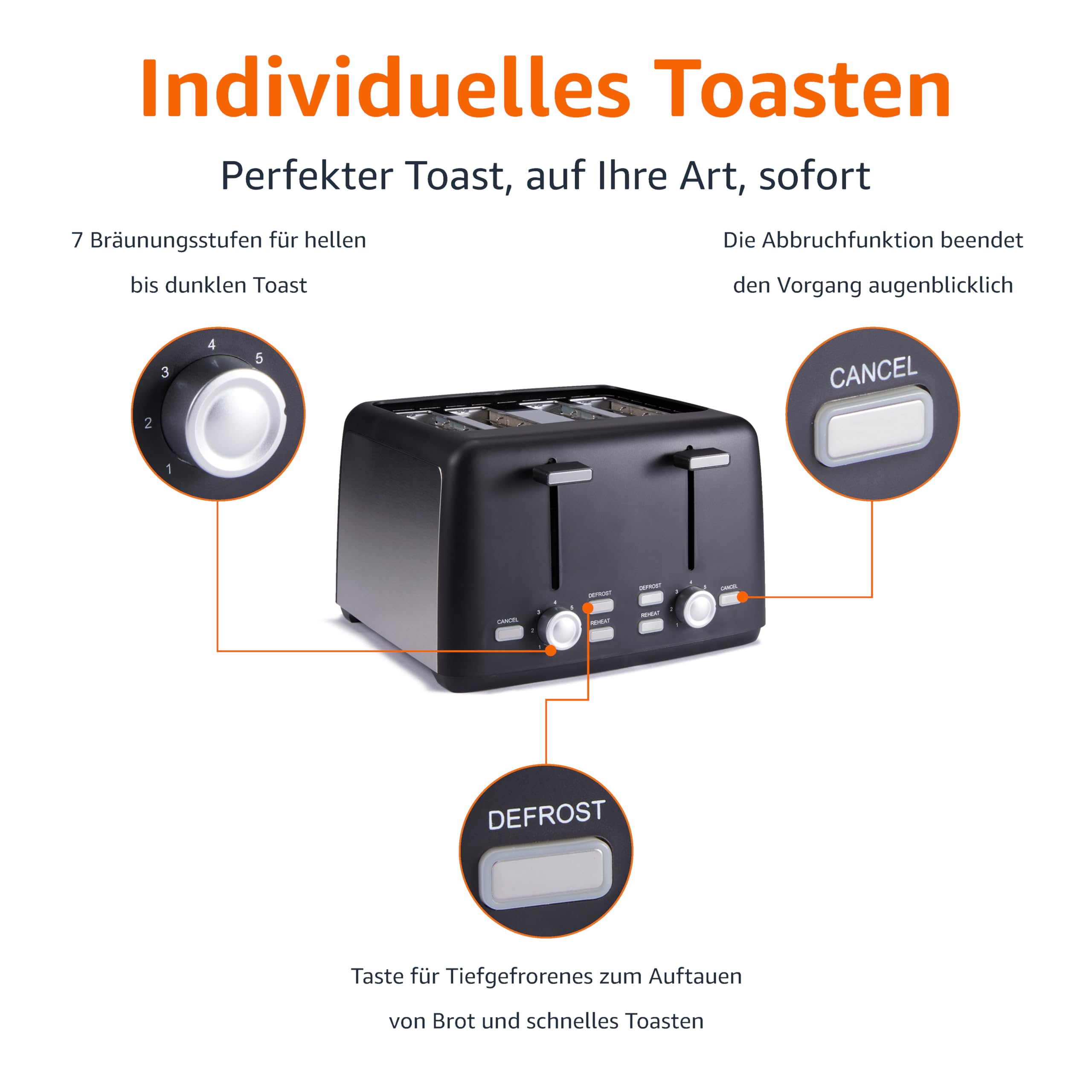 Amazon Basics 4-Scheiben Toaster mit 7 Bräunungsstufen und Herausnehmbarer Krümelschublade, Extra Breite Schlitze, 1500W, Schwarz