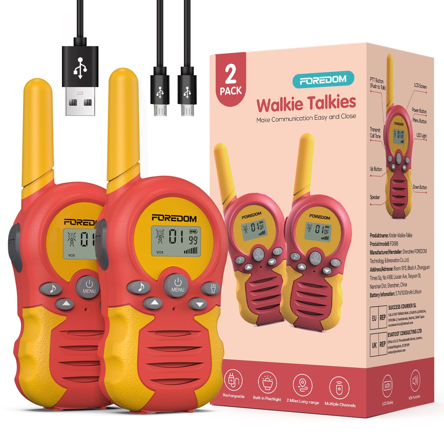 FOREDOM Wiederaufladbare Walkie Talkies für Kinder Walkie Talkies Funkgeräte Set Spielzeug für Jungen & Mädchen 3-12 Jahre, Abenteuer, Camping, Wandern – 2er Set