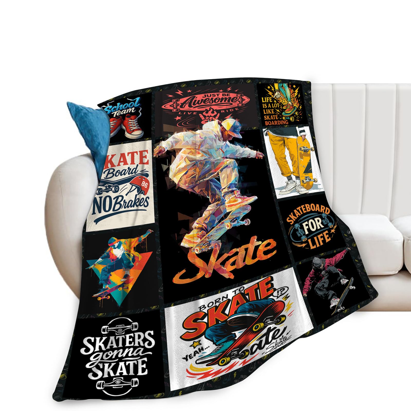 Taimeng Skateboard Sports Throw Blanket Cool Street Style Skaters Blanket Skateboarding Stuffed Fleece Cozy Flannel Warm Lightweight Blankets