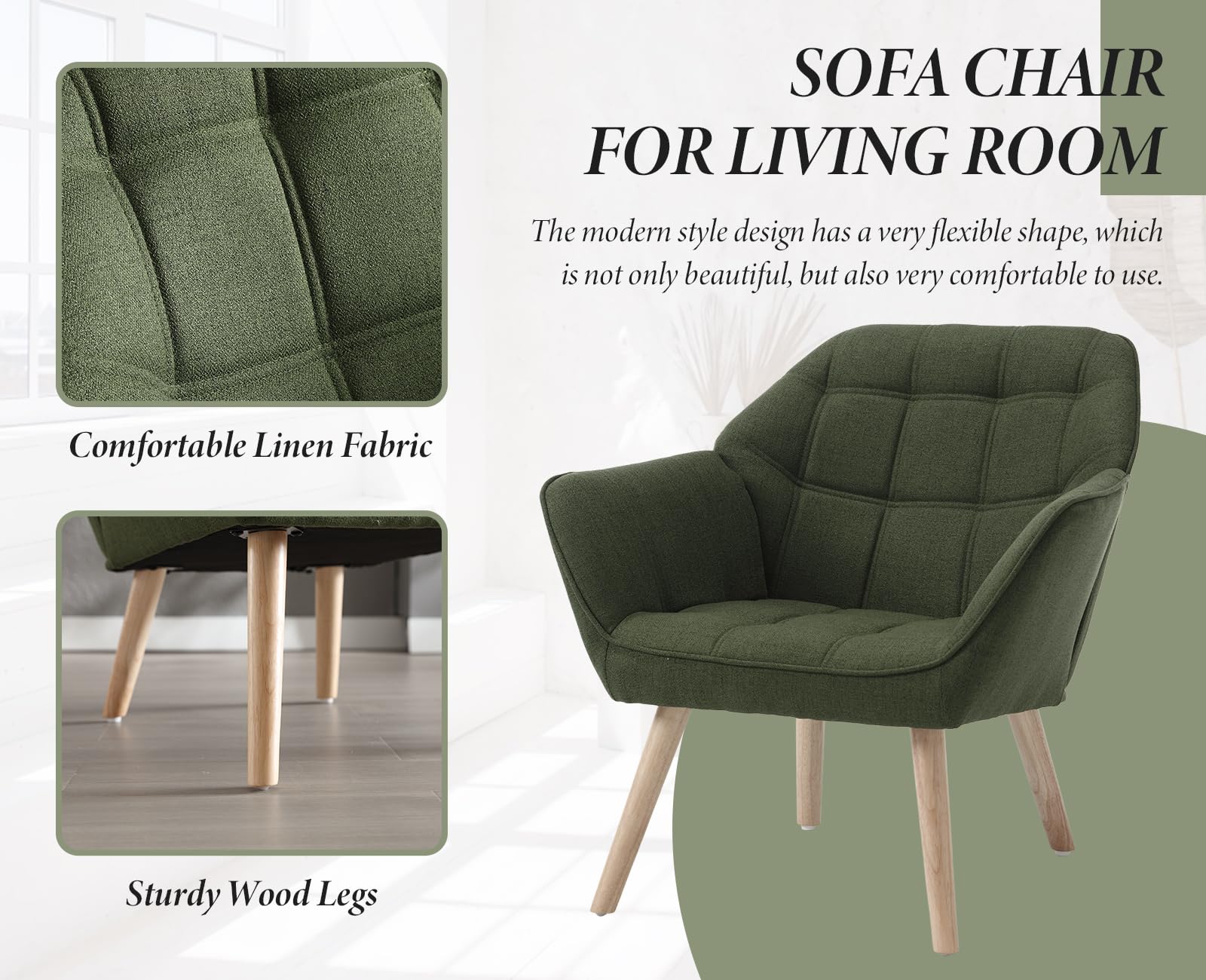 Ya-Home Fauteuil de Salon avec Pieds en Bois Chaise de Salon en Lin Moderne Fauteuil Rembourré pour Chambre, Vert