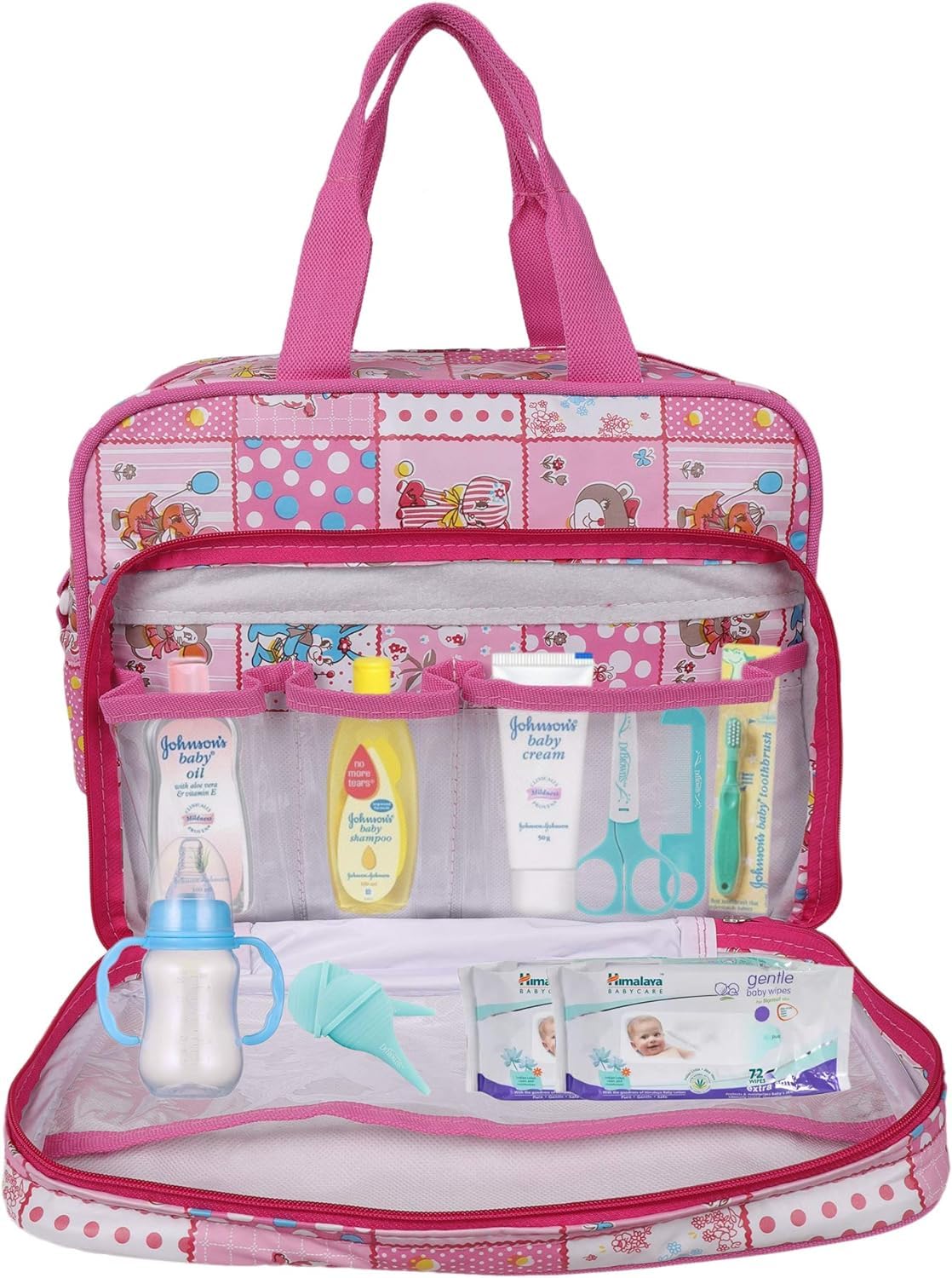 Mahdiya Mother Bag- Multi-Compartment Diaper Bag Collection with Baby Bottle Holder, Dress, Medicine Pouch, and Powder Compartment 0to1year Bag (Pink, Medium)