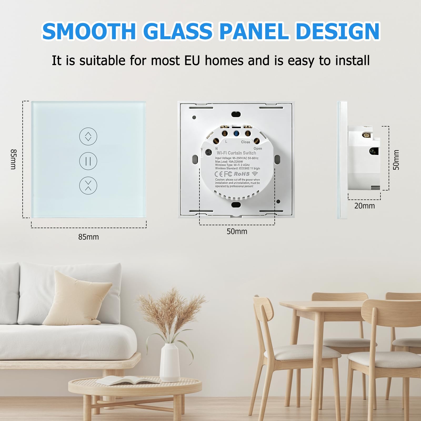 Interruptor Persiana WiFi, Alexa Interruptor Tactil de Persiana con Función Porcentual compatible con Alexa/Google/Siri, Smart Switch Curtain con Tuya & Smart life, Requiere Cable Neutro