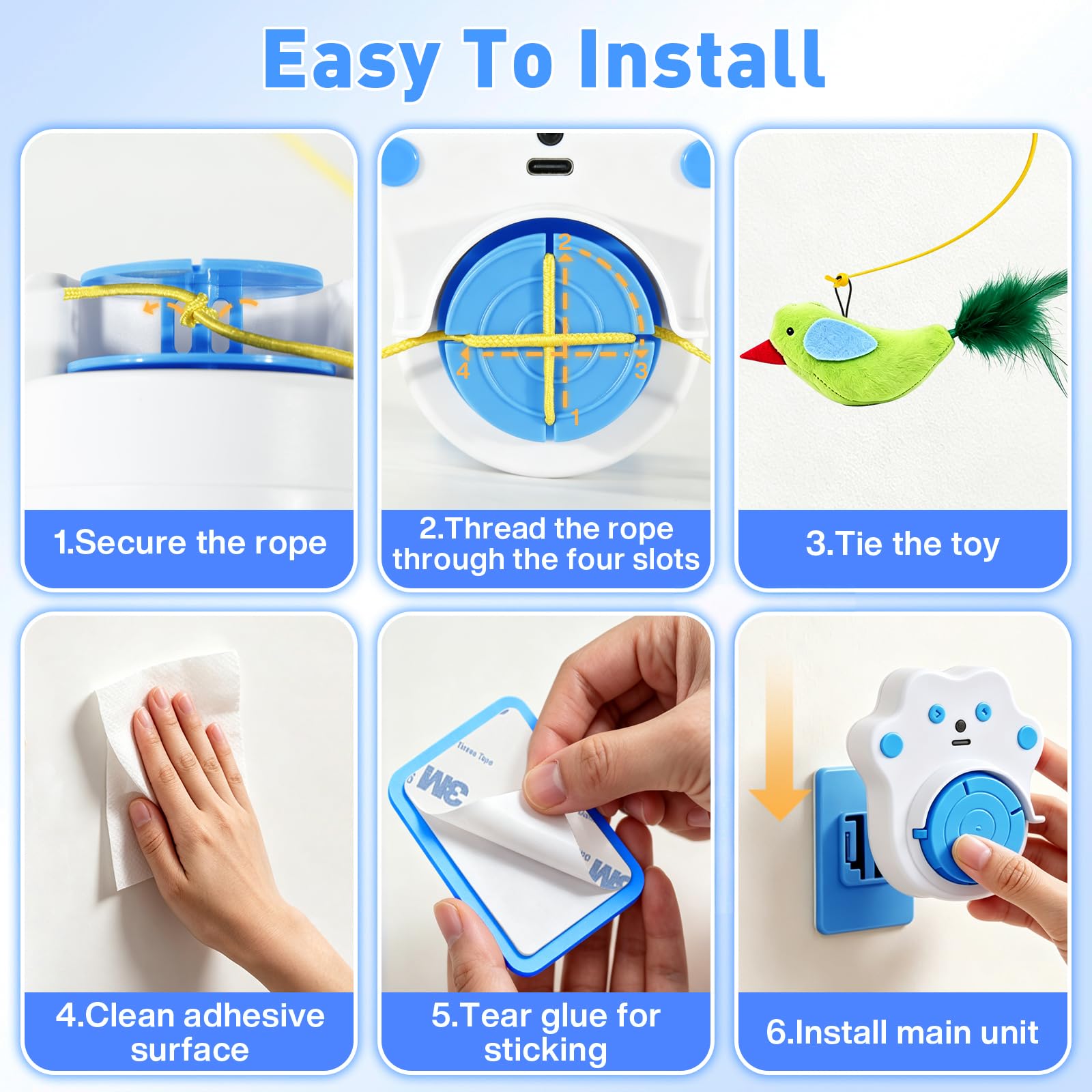DoubleCare Juguetes interactivos para gatos de interior, juguete automático de plumas de pájaro volador para gatitos aburridos y gatos adultos, manos libres o de mano, azul