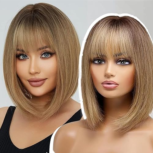 Miniatura 8 de EMMOR Peluca rubia Bob con flequillo de 13 pulgadas para mujer, peluca corta rubia con raíces oscuras, peluca sintética resistente al calor, aspecto