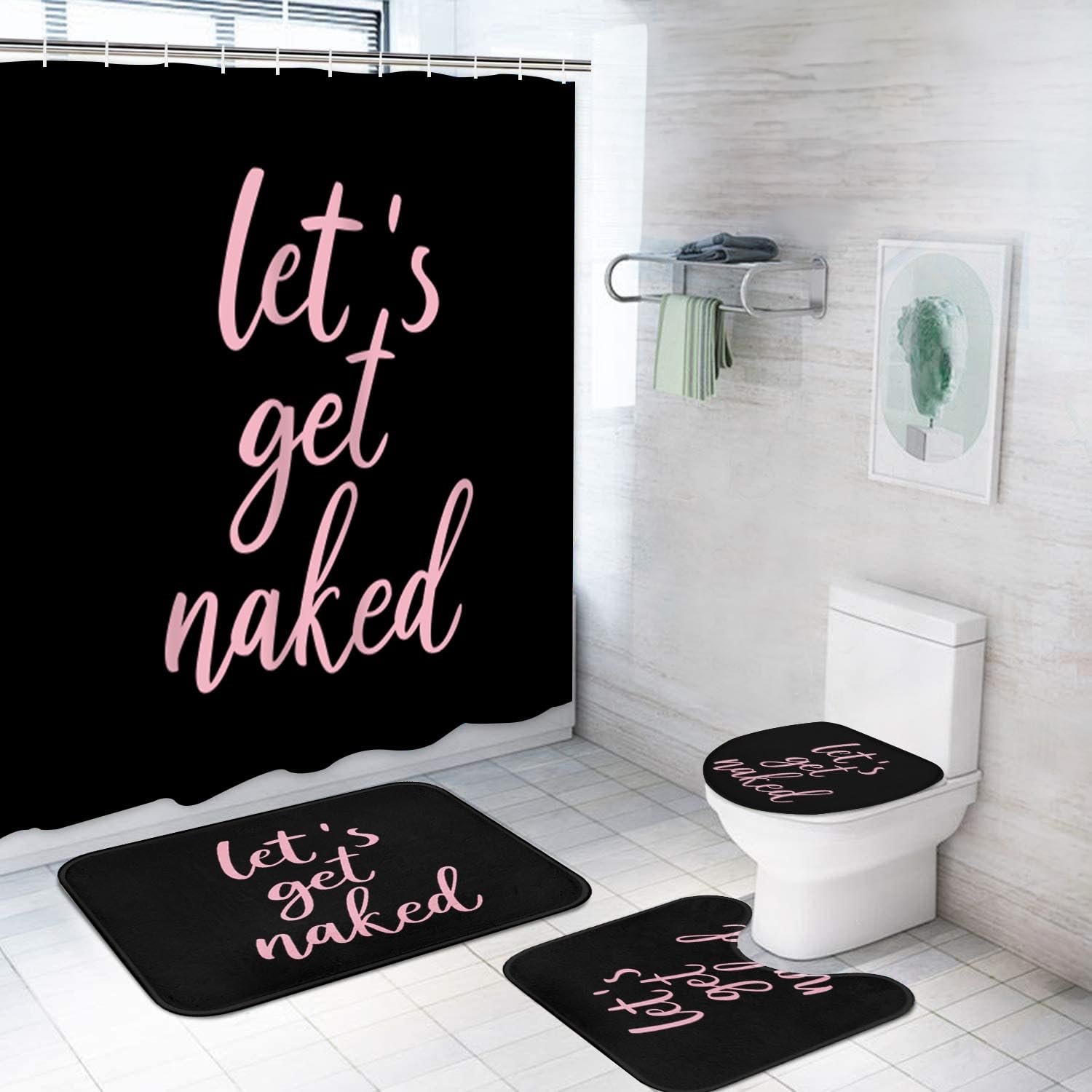 Rideaux de douche noirs Let's Get Naked et tapis de bain ArtSocket 183x183cm