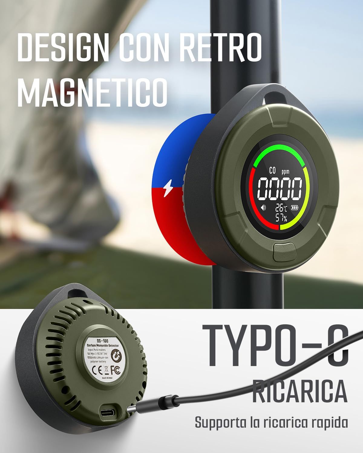 DS-100 Rilevatore Portatile di Monossido di Carbonio con Magnete, Autonomia di 140 Ore, Sensore CO Ricaricabile 3 in 1 con Allarme Acustico e Visivo per Viaggi, Campeggio, Auto e Camper