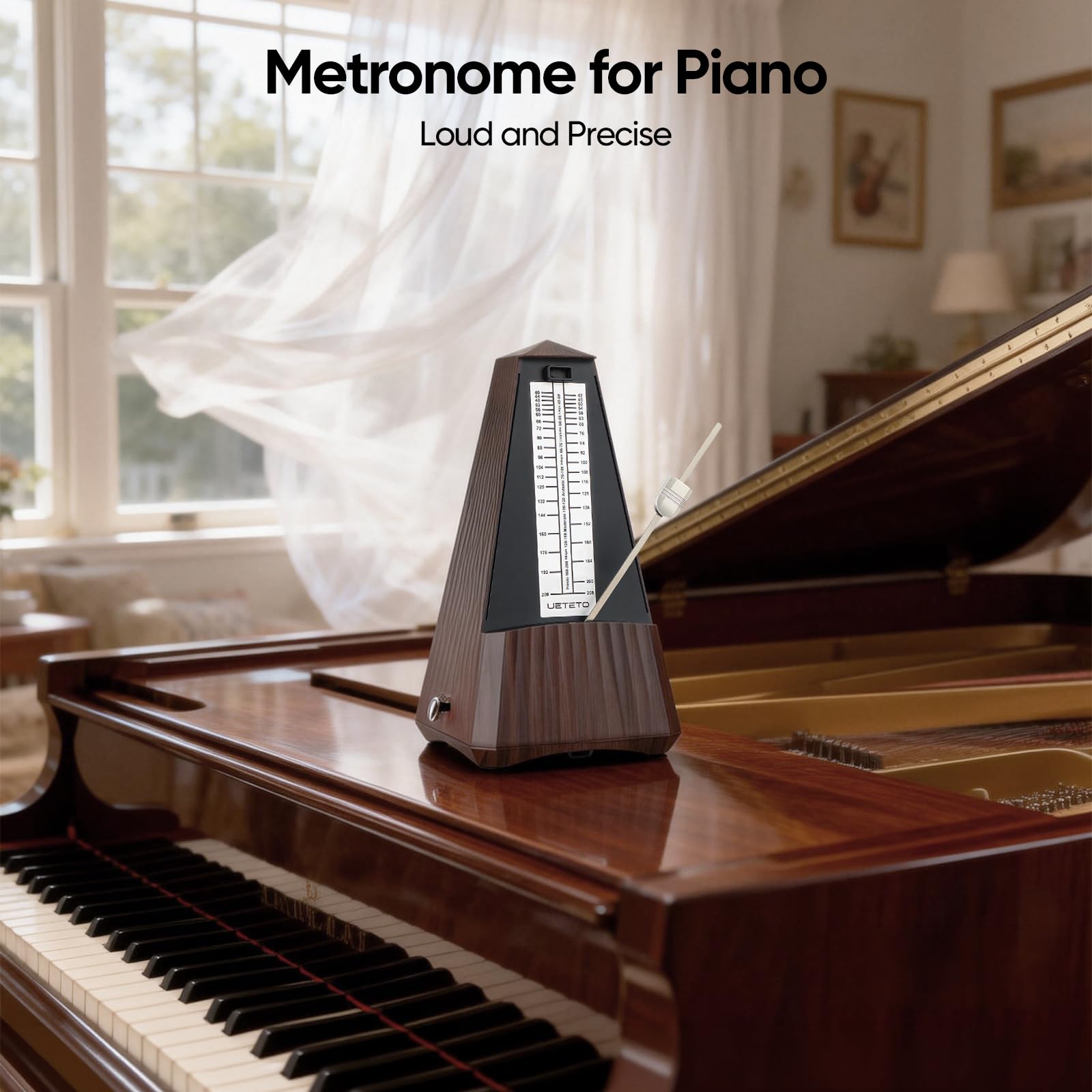 Ueteto Metrónomo para piano, guitarra, batería, práctica de violín, metrónomo mecánico con sonido fuerte para músicos principiantes, intermedios y avanzados (grano de madera)