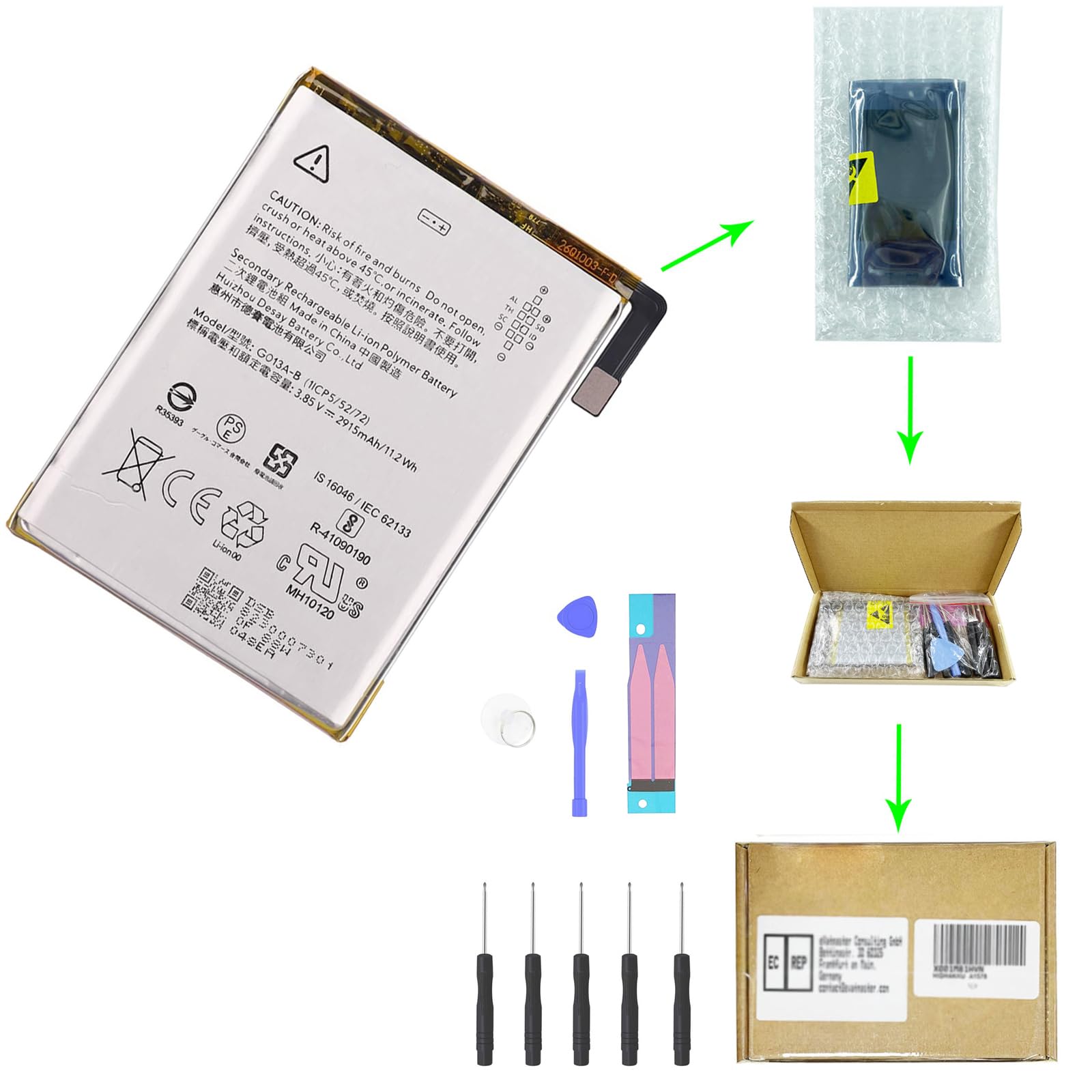 G013A-B battery compatible with Google Pixel 3 with toolkit