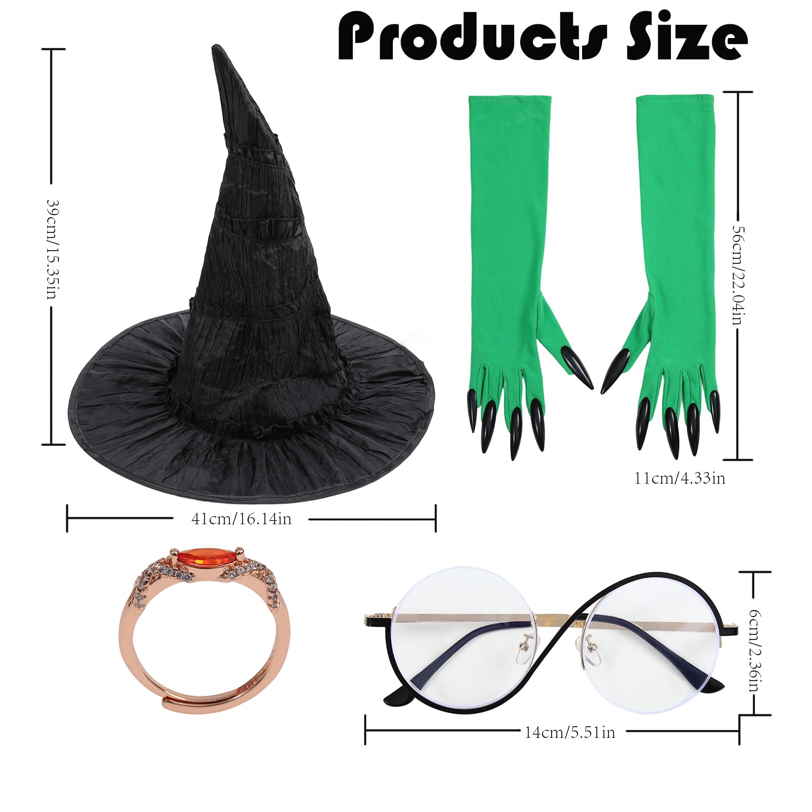 Dozesheep 4 Pcs Wicked Witch Halloween cosplay Costumes, Witch Hat Glasses Ring Green Gloves Halloween Carnival Party - Image 2