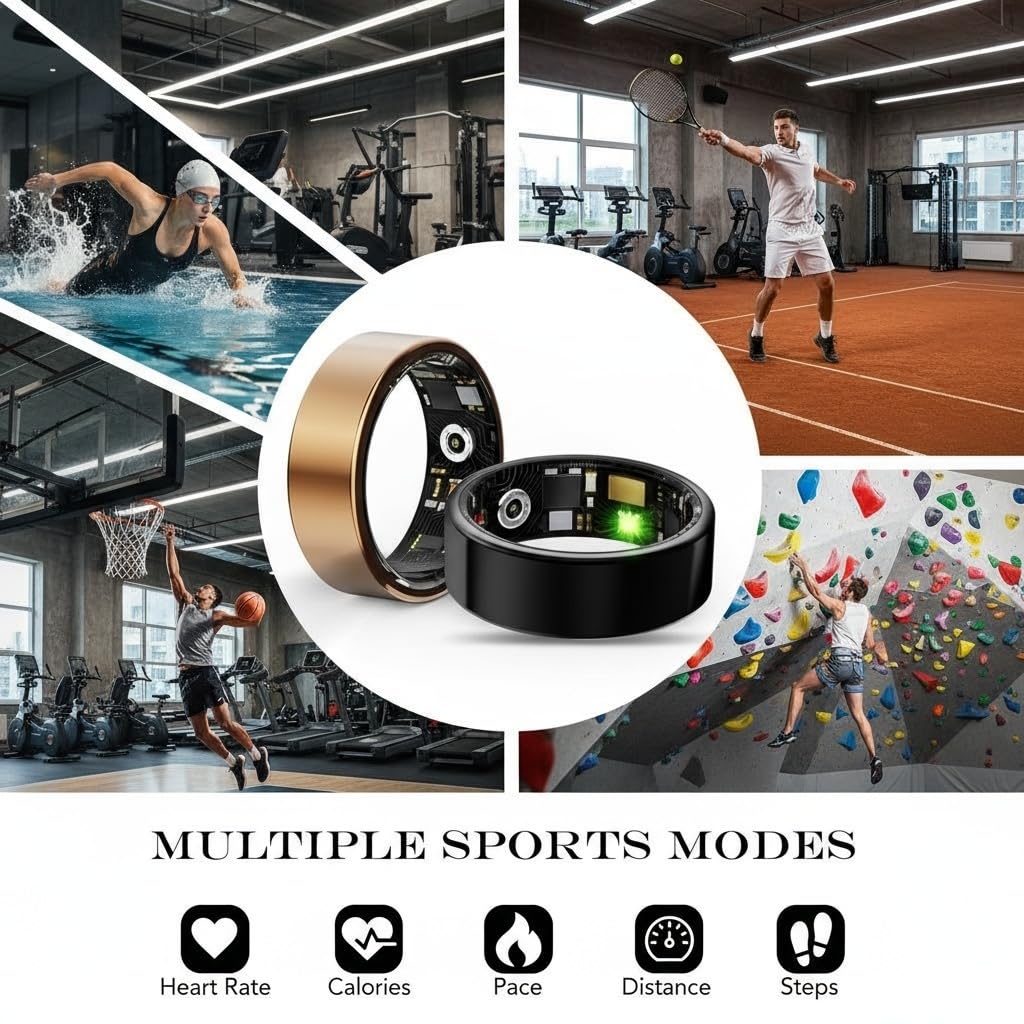 Ultradünner Smart Ring für Damen und Herren, Gesundheit Tracker Ring mit Blutdruck, Herzfrequenz, SpO2, Schlafüberwachung, kein Abonnement, kompatibel mit iOS & Android (Schwarz, 8)