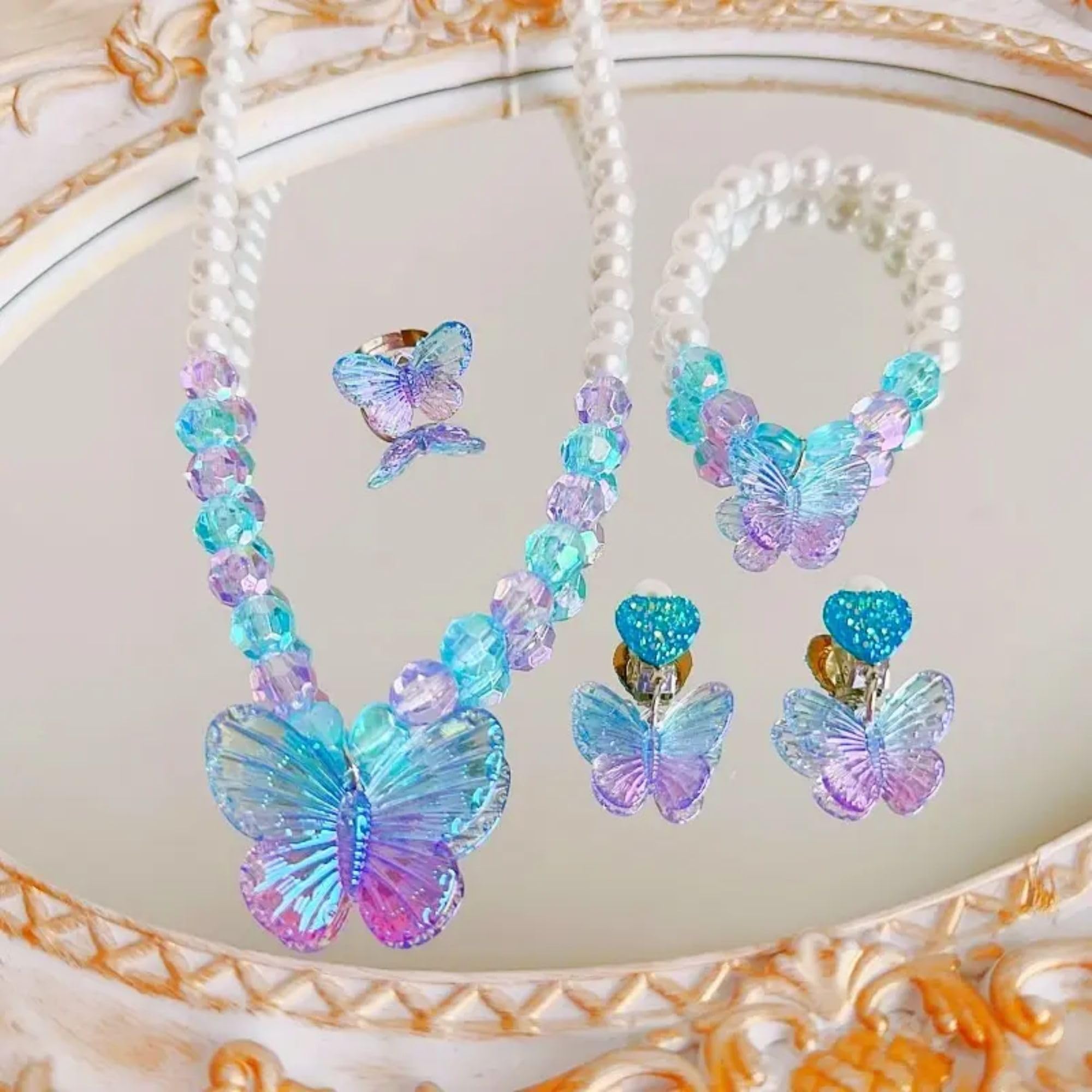 1-Pack Butterfly Jewellery Kit for Girls – Princess Dress-Up Set with Assorted Pearl Bead Necklace, Bracelet, Earrings & Ring – Kids Costume Accessories Gift 4