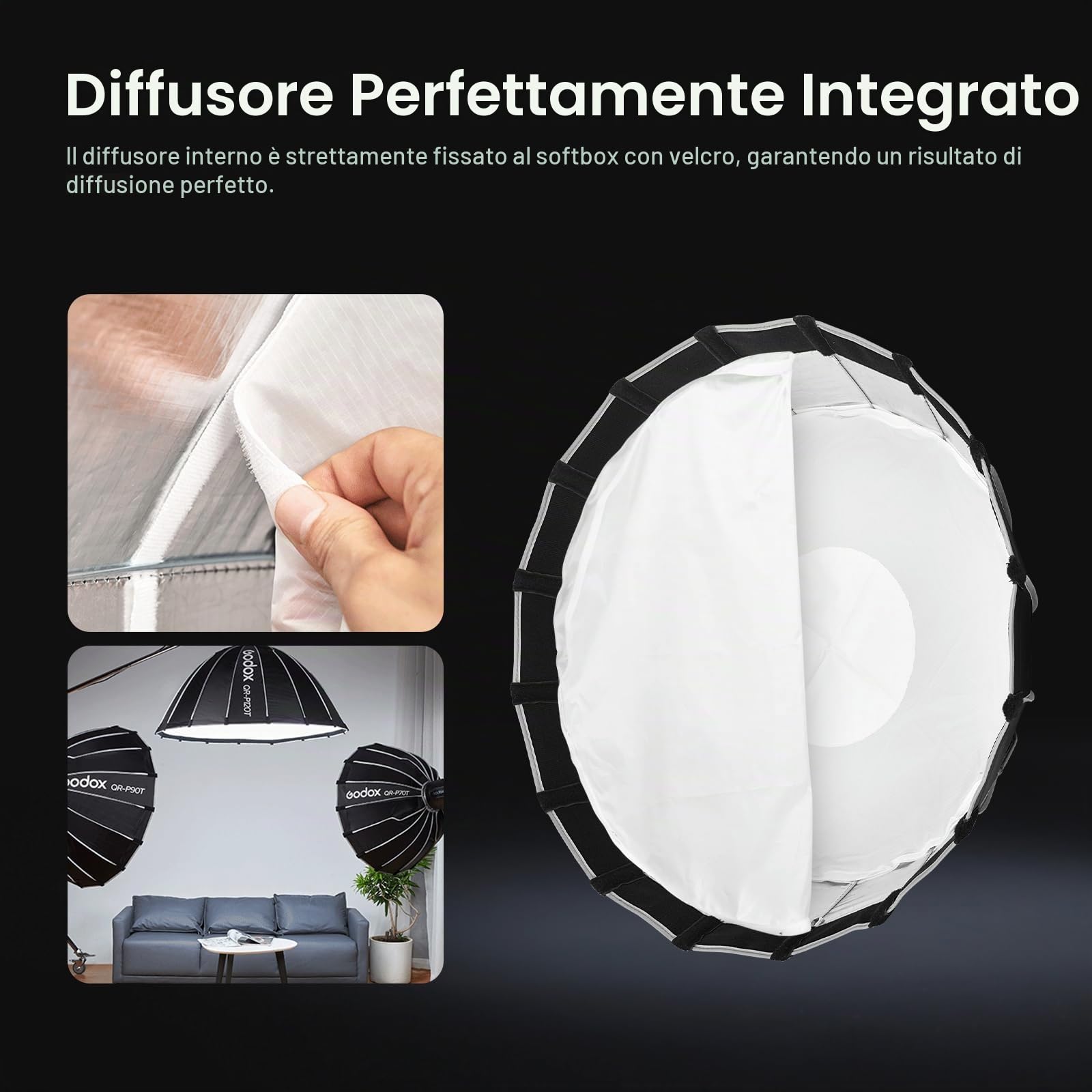 GODOX QR-P60T Softbox parabolico a sgancio rapido con griglia a Nido d'Ape, Supporto Bowen con Borsa da Trasporto per diffusore Anteriore e Interno MS300 MS300-V SK400II QT400III QT600