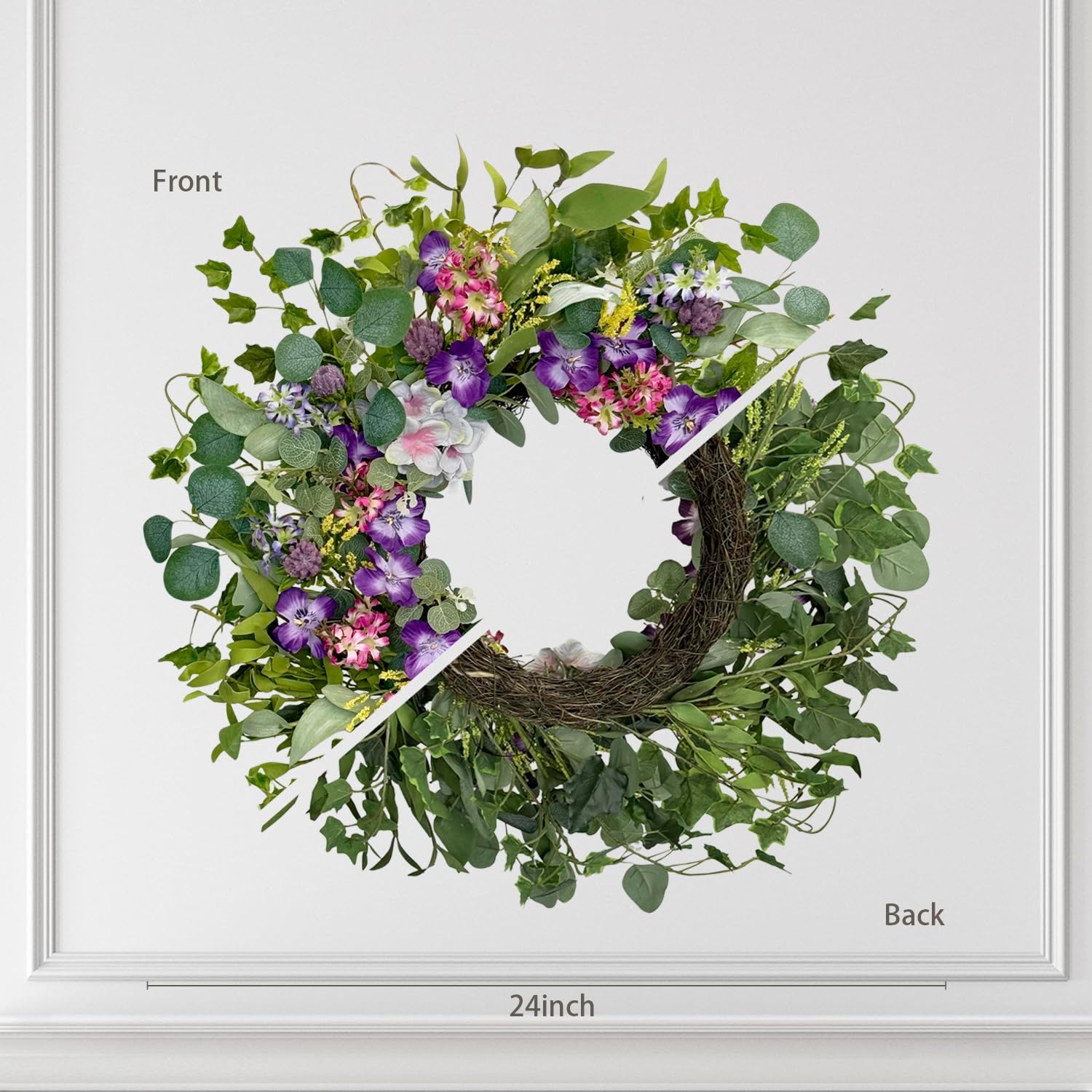 Jobflower Spring Wreaths for Front Door, 24 Inch Purple Summer Wreath Everyday Artificial Wild Flower Wreath for Wedding Home Wall Window Porch Indoor Decor